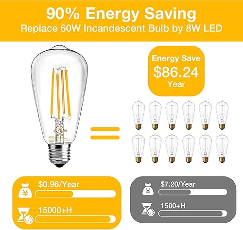 Miniatura 6 de DAYBETTER Paquete de 10 bombillas LED Edison vintage, bombillas LED regulables E26, equivalente a 60 vatios, bombillas de filamento antiguo ST58 con