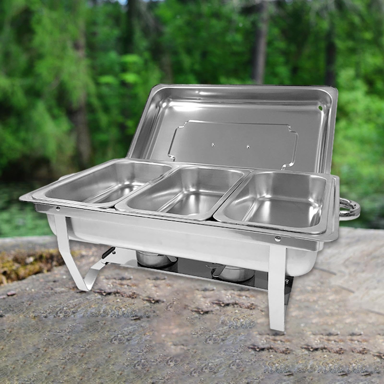 Buffet Calentador de Alimentos Bandeja para Servir Soporte Metálico Chafing Dish con Tapadera Extraíble de Acero Inoxidable Apto para Bodas, Tres Rejillas, Individual