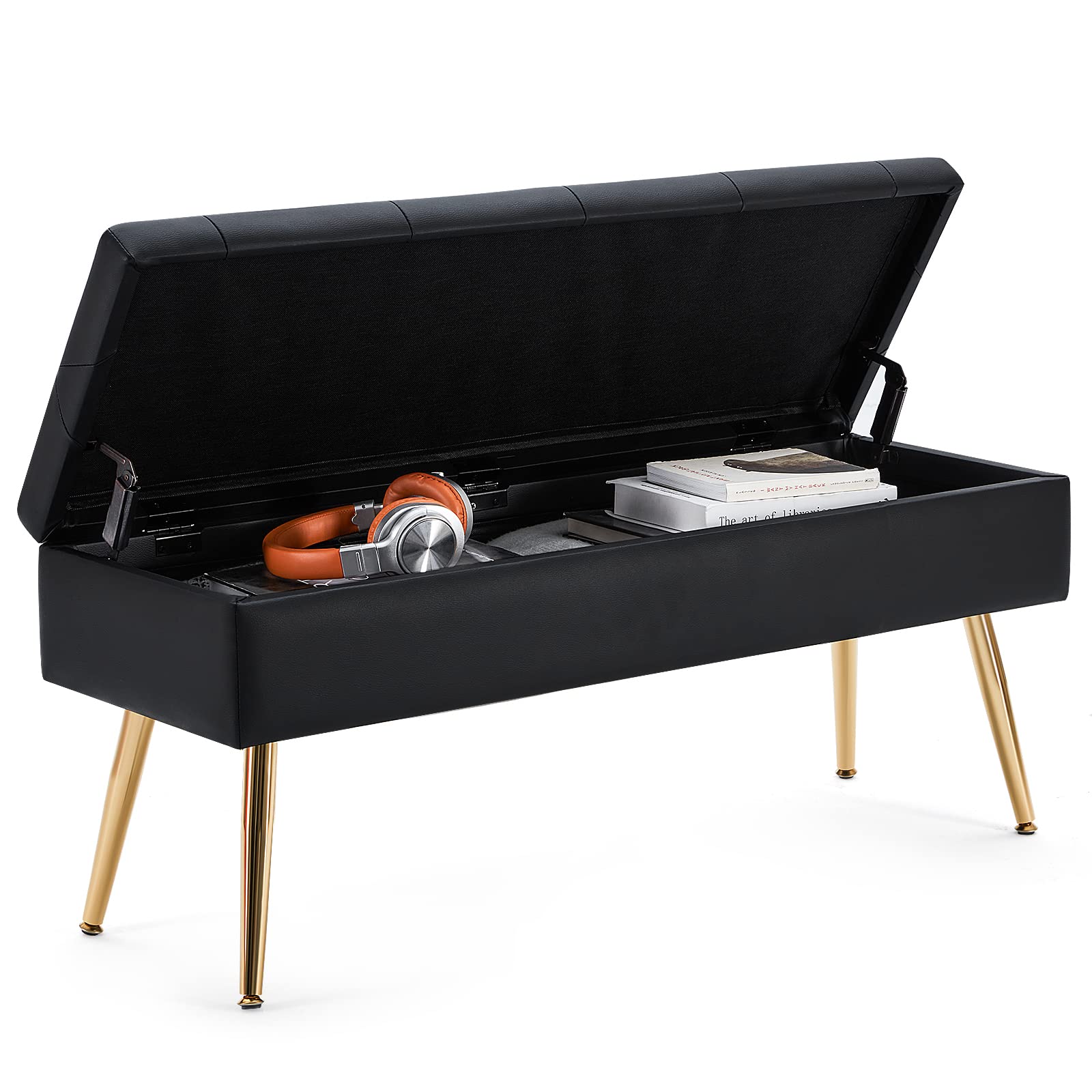 RUCUKEN Storage Bench Ottoman Bench with Storage Black PU Leather 40" W x 13.8" D with Gold Metal Legs Bedroom Benches for Foot of Bed, end of Bed, entryway