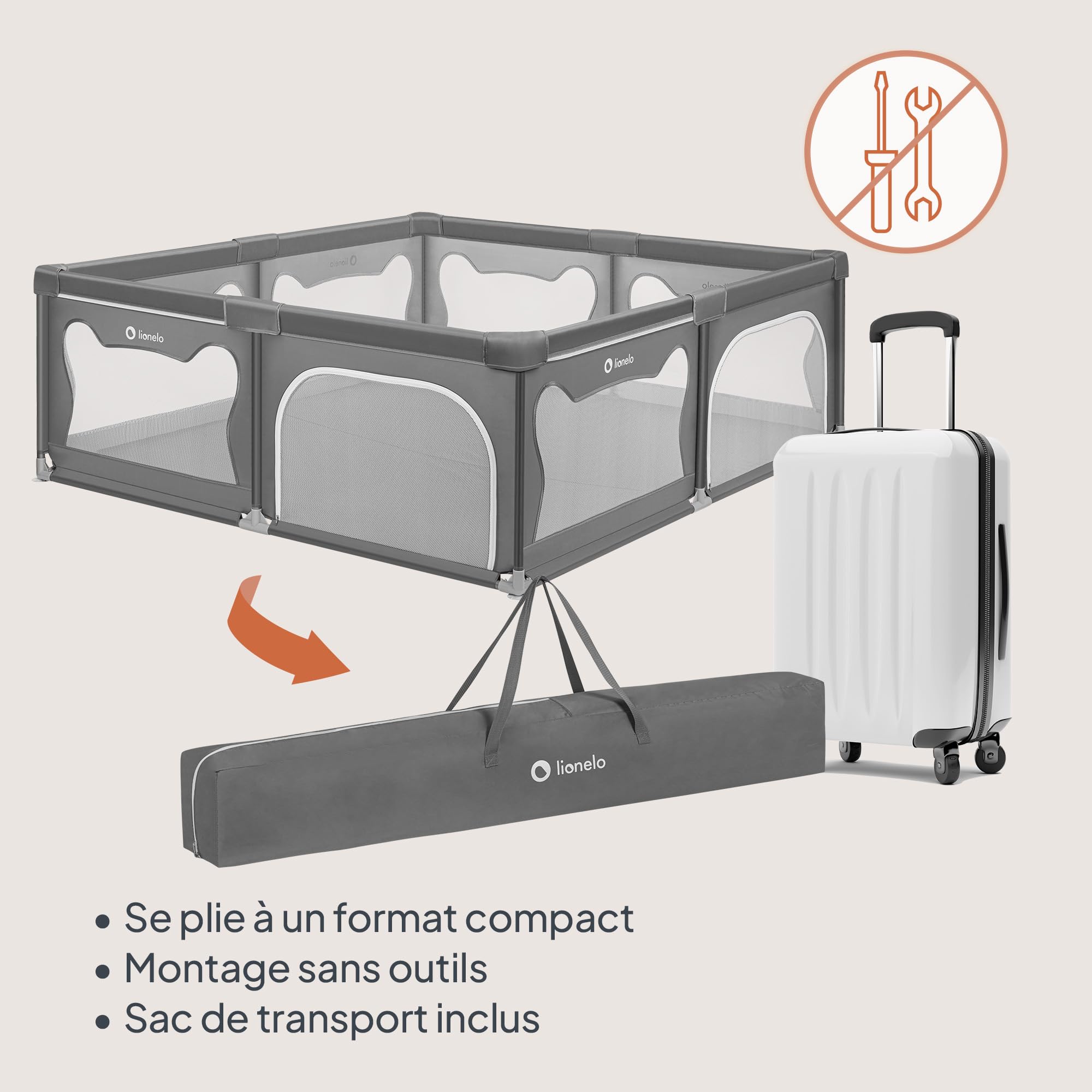 LIONELO WILLOW XL Parc Bébé Pliable, 0-48 mois, Grand Espace de 187 cm x 207 cm x 68 cm, Barrière Parc Bébé en Maille Respirante, 2 Entrées Latérales Zippées (Gris) (Grey)