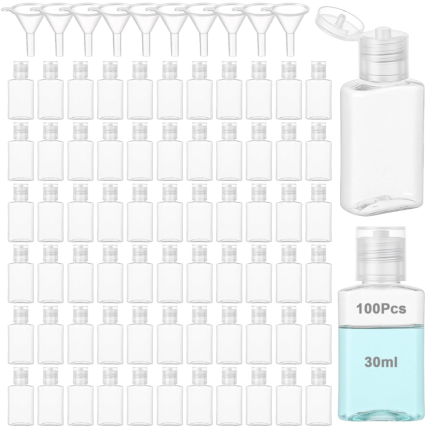 100 Pcs 30 ml/1 oz Travel Bottles with 10 Funnels, Mini Clear Plastic Empty Bottle with Flip Cap Portable Refillable Containers for Shampoo, Shower Gel, Lotion, Emulsion, Foundation