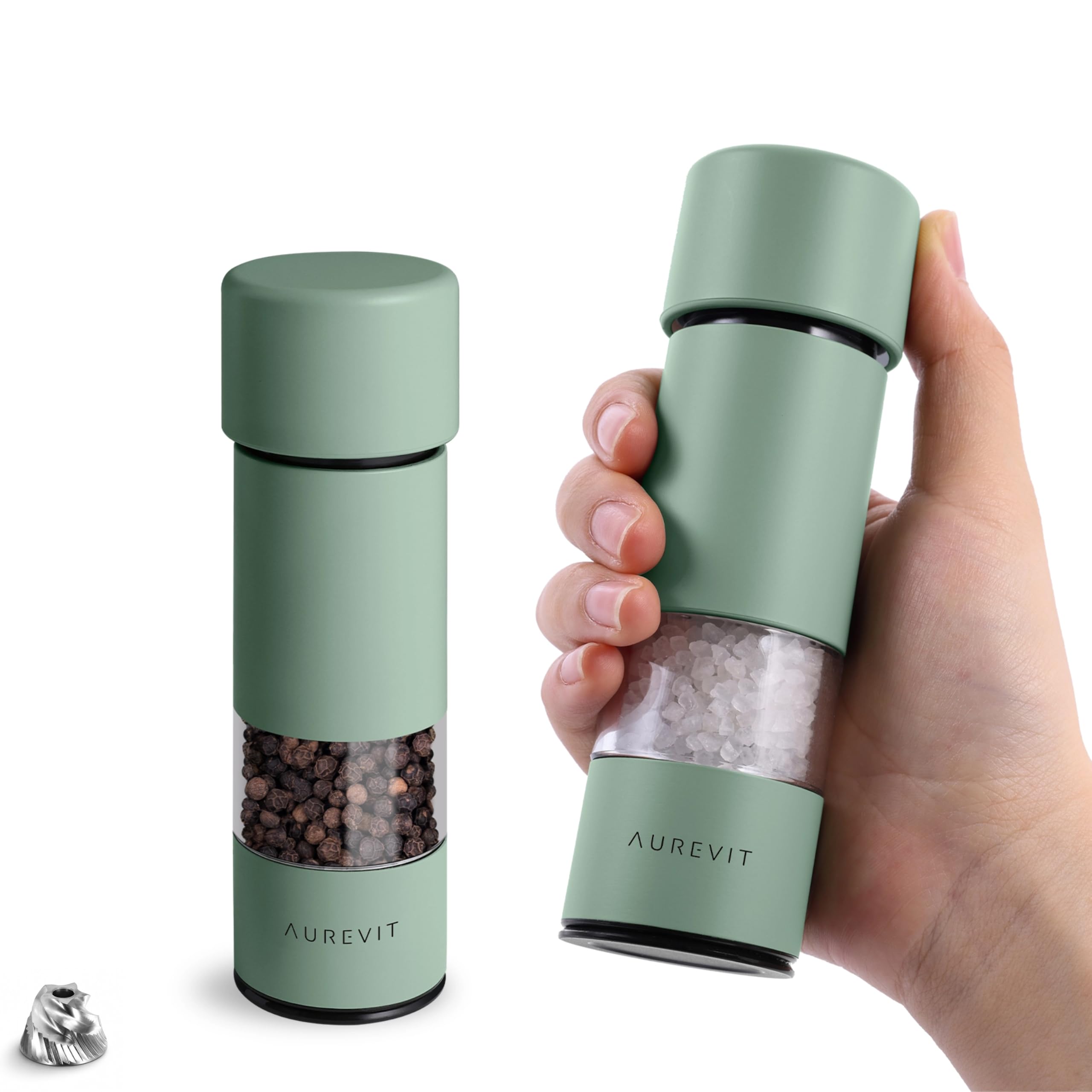 Aurevit Small Salt and Pepper Grinder Set, Manual Pepper Mill with Ceramic/Stainless Steel Core, External Adjustable Coarseness, Refillable, Portable for Travel (2 Packs, Sage)