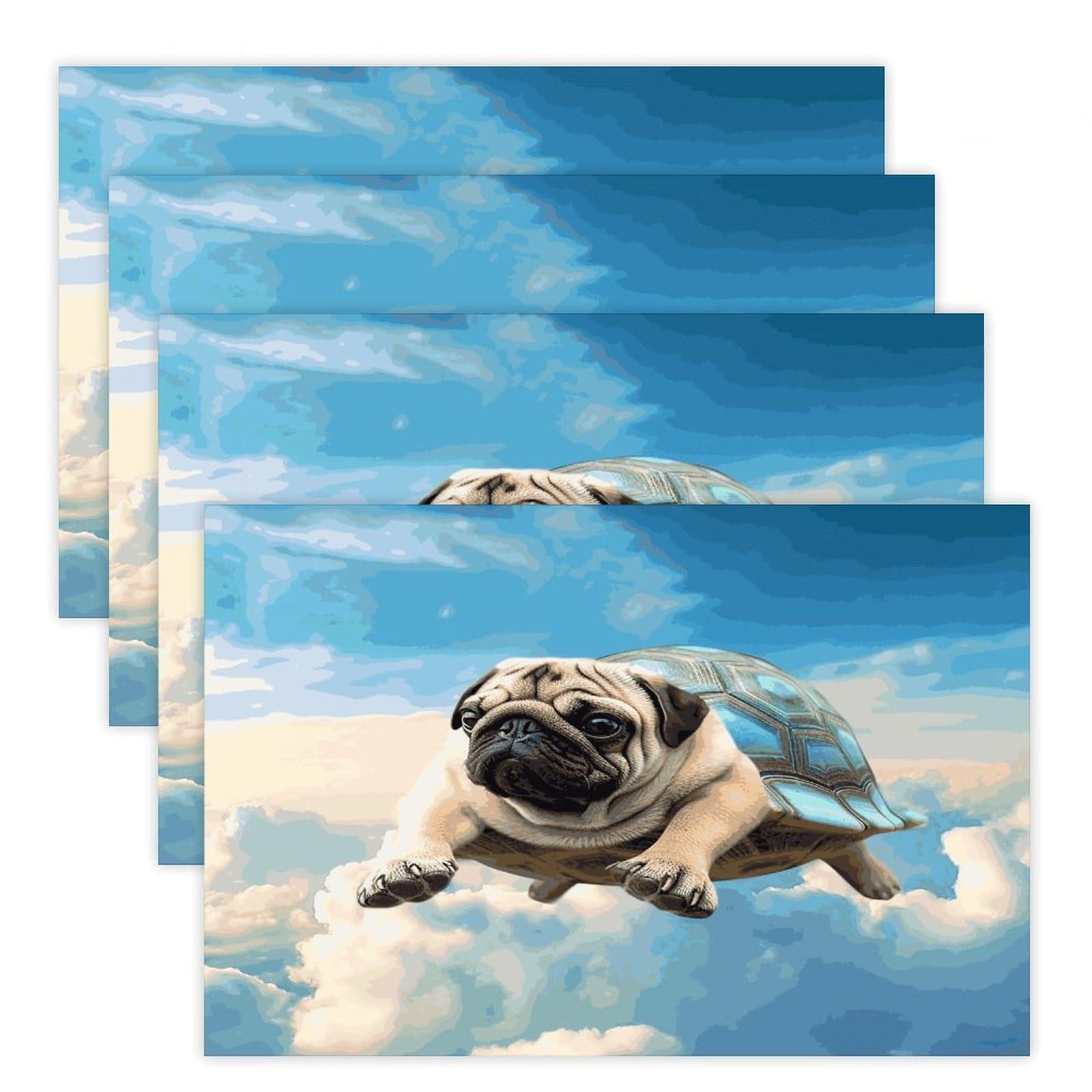 Funny Turtle Pug Dog in The Sky Placemats Heat-Resistant Washable Place Mats Anti Slip Dining Table Place Mats Wipeable Dining Table Mats Kitchen Decoration Placemats 17.7’’×11.8’’
