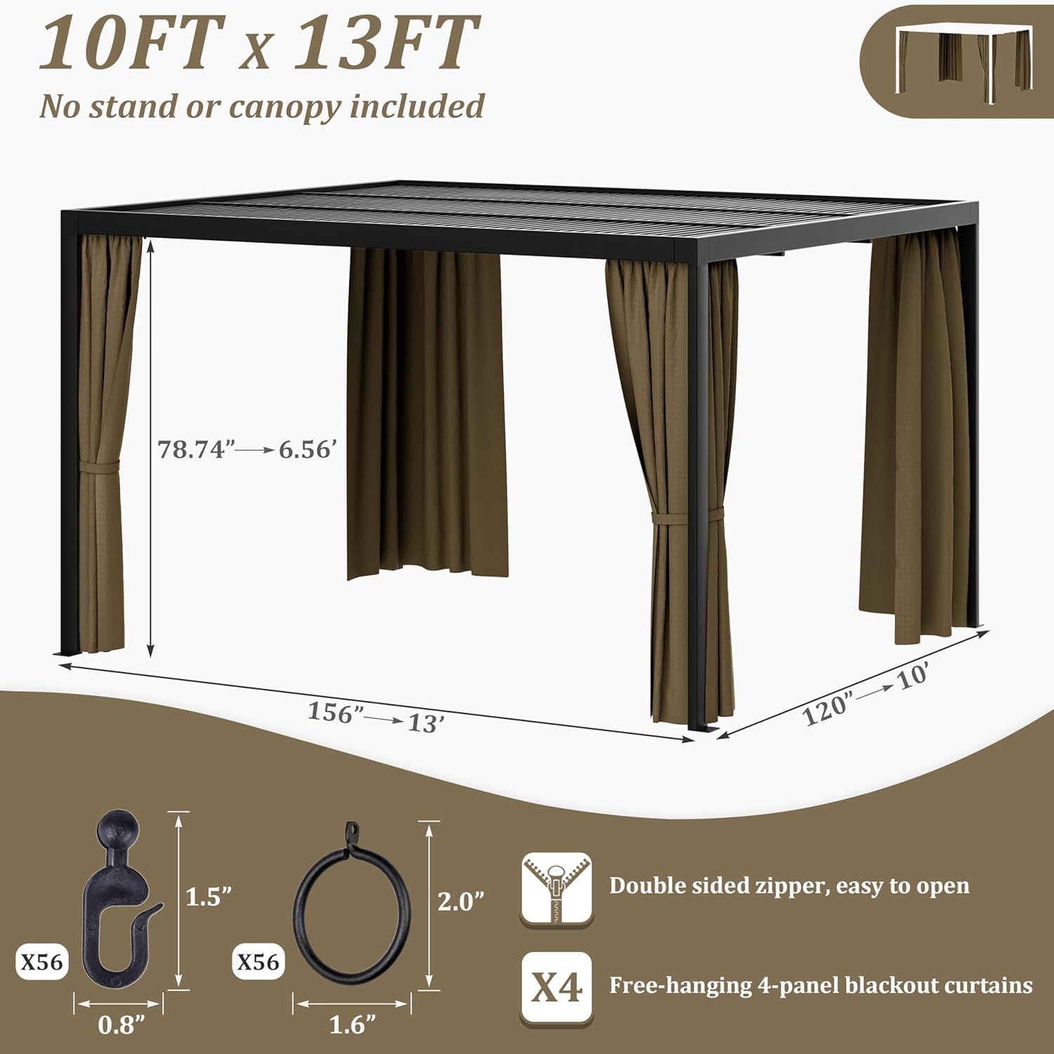 Gazebo Universal Replacement Privacy Curtain,10'×13' Gazebo Outdoor Waterproof Curtains, 4-Panels Sidewall Curtains with Double Zipper for Patio Canopy, Garden and Backyard (Curtain Only)
