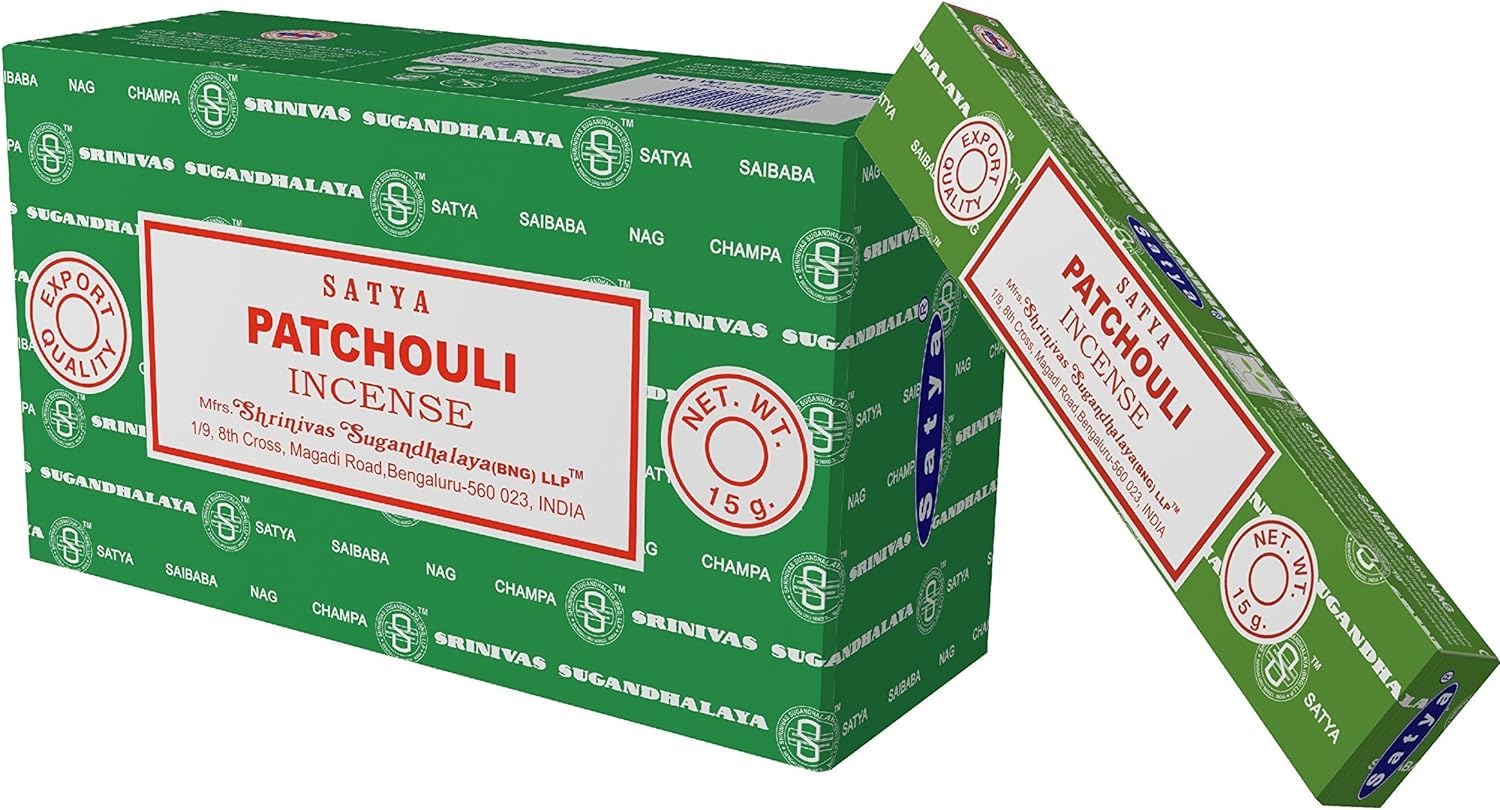Satya Nag Champa Encens Patchouli Lot de 12 Paquets Bâtons Naturels Fait à la Main Soulager Stress Méditation