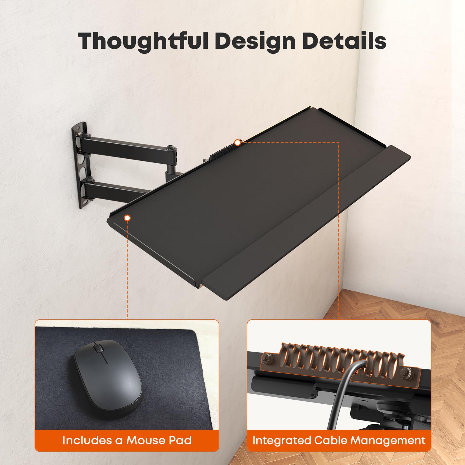 PUTORSEN Supporto da parete per tastiera con braccio girevole – Supporta 9kg, inclinazione -20° a 3°, rotazione ±180°, ergonomico per home office e officina, nero