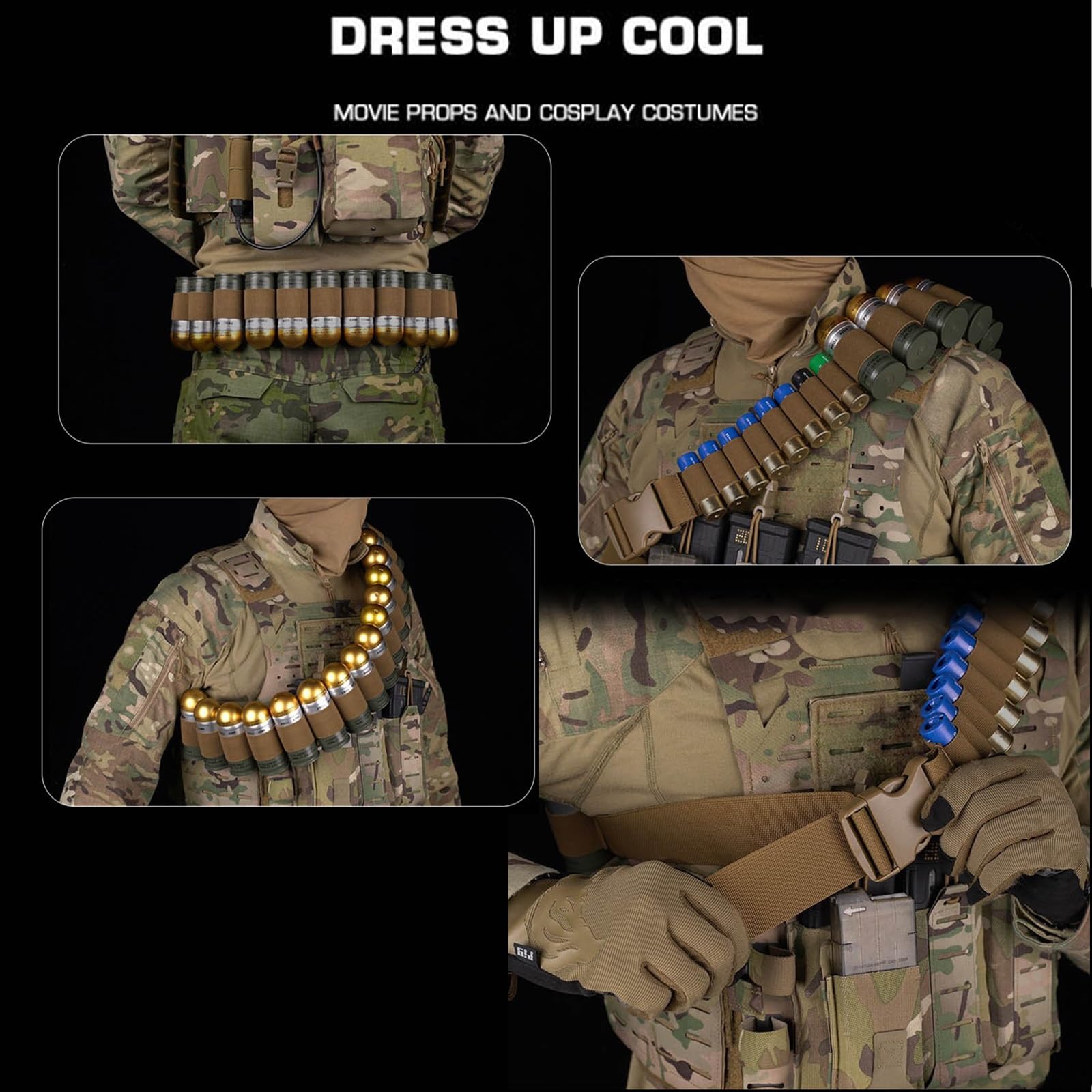16 Granatenhülsen Und 8 Runde Schrotflintenhülsen-Bandelier for Die Jagd Auf Airsoft 12ga 16ga 20ga(Black)