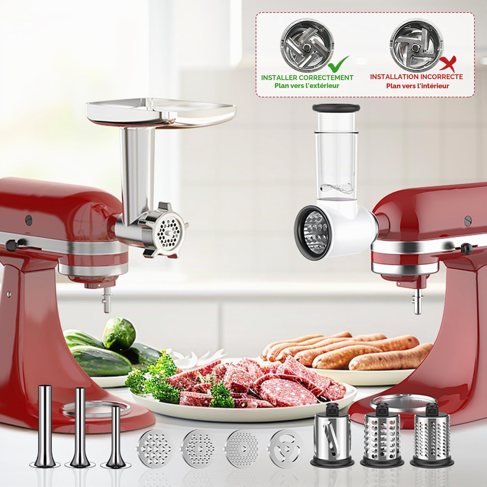 COFUN Accessoires de Hachoir à Viande et Coupe-légumes pour KitchenAid Robot Pâtissier, Comprend un Accessoire pour Kitchen Aid Hachoir à Viande et un Ensemble de Coupe-légume