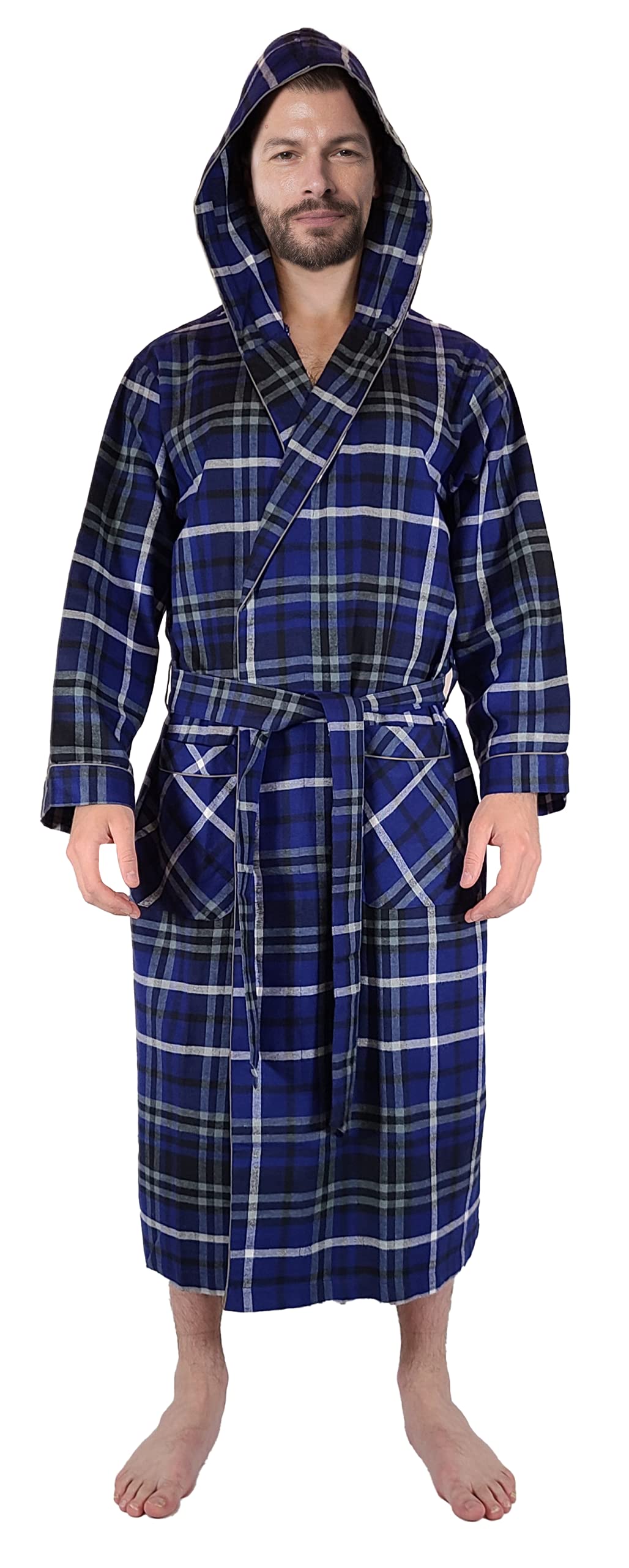 Andrew Scott Mens Robe with Hoodie Cotton Flannel Brush Plaid All Season Full Length House Robe