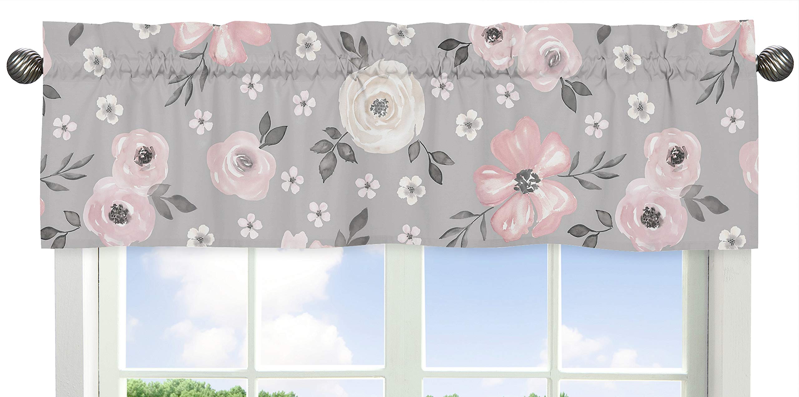 Sweet Jojo Designs Grey Watercolor Floral Window Treatment Valance - Blush Pink Gray and White Shabby Chic Rose Flower Farmhouse