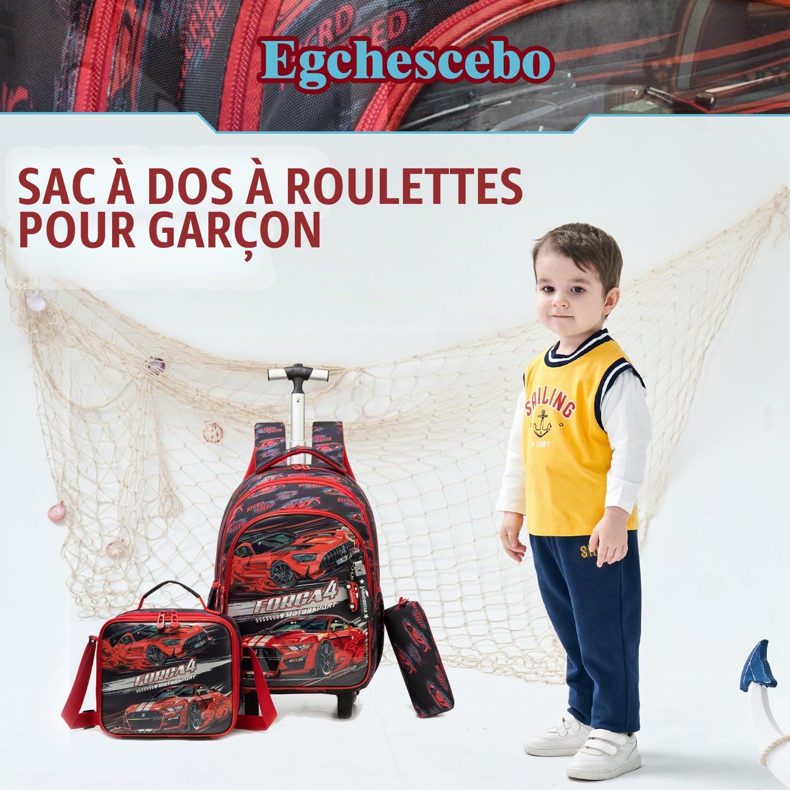 Sac a Dos Enfant à Cartable Cabine Voitures Roulette Garçon Primaire Valise École Maternelle Sacs D'école pour Voyage de Bagages 17" 3PCS Ensemble Grand Cartable Étudiant Simple Rouge