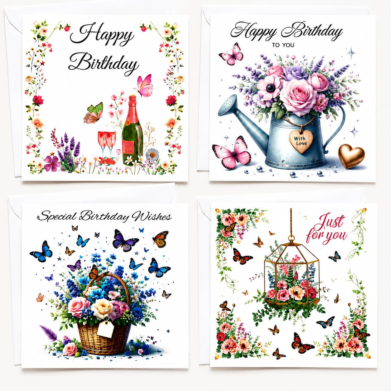 Pack of 4 Happy Birthday Cards For Women,Beautiful Happy Birthday Cards For Ladies -Lovely Cards for Female Friends With Assorted Floral Designs 4 Pack Birthday Cards with Envelopes
