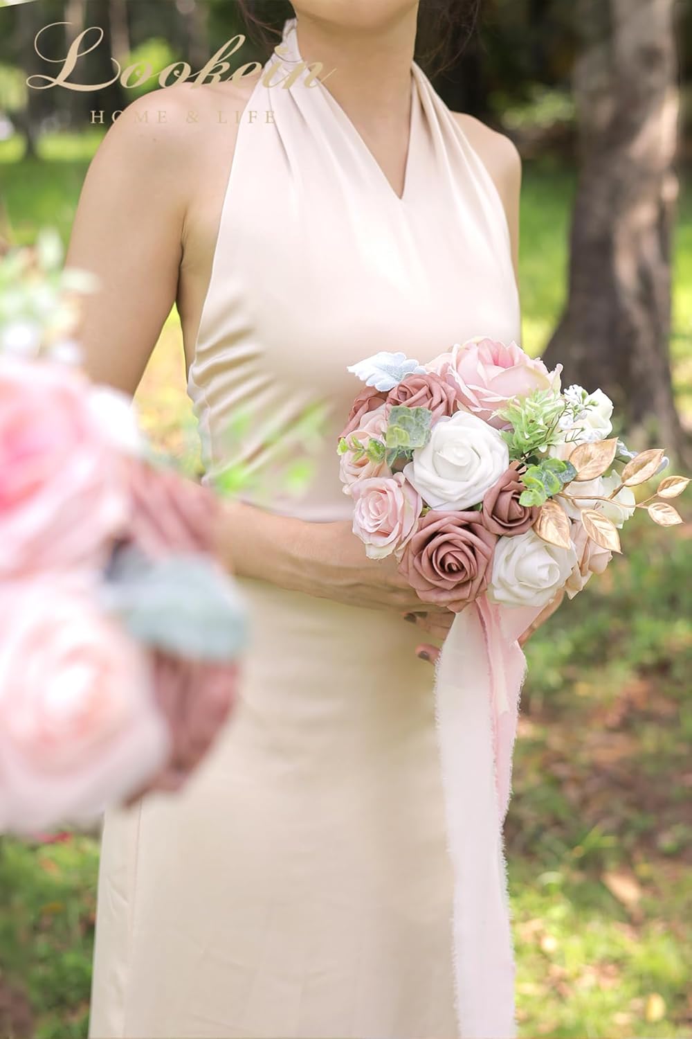 Lookein 7 Inch Flower Bouquet for Bride Artificial Flowers Bouquet Bridesmaid Bouquet Bridal Bouquet Tossing Bouquet for Wedding Ceremony Anniversary, French Dusty Rose