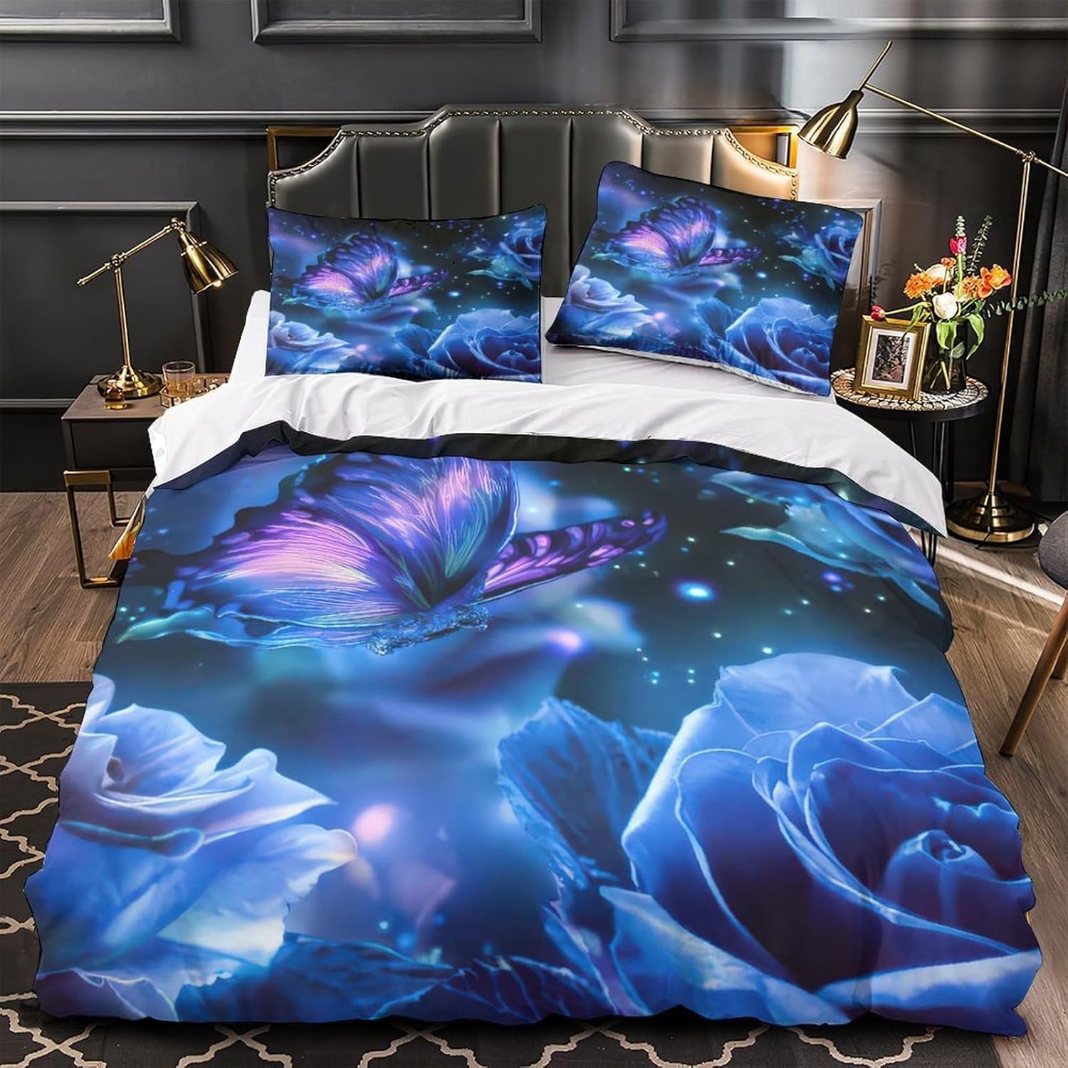 Funda Nordica Cama 135/150 Mariposa Ropa de Cama 3D Rosas Azules 3 Piezas Suave Transpirable Microfibra Funda Nórdica 240x220 cm y 2 Fundas de Almohada 50x75 cm C.2522