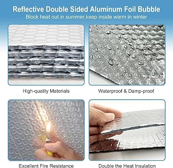 Reflective Bubble Foil Poly-Foam Core Radiant Barrier Summer-Winter Window Cover Insulation AC HVAC PCV Pipe Garage Door Insulation Panels R7-21 Waterproof Weatherproof Flame Resistant (12 in x 5 ft)
