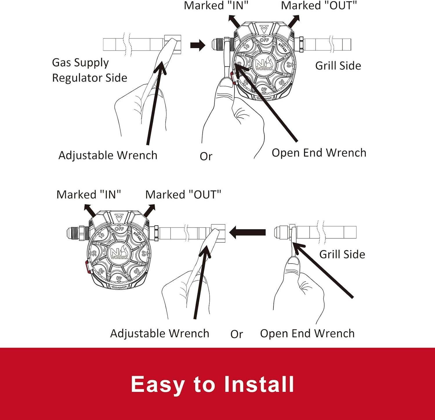 NO WORRIEZ Bypass Safety Auto Shut-Off Gas Timer for Propane & Natural Gas | Outdoor Grill, Fire Pit, Pizza Oven | – 100,000 BTU w/ 3/8" Flared Assembly Connector & Hose, Patent Pending