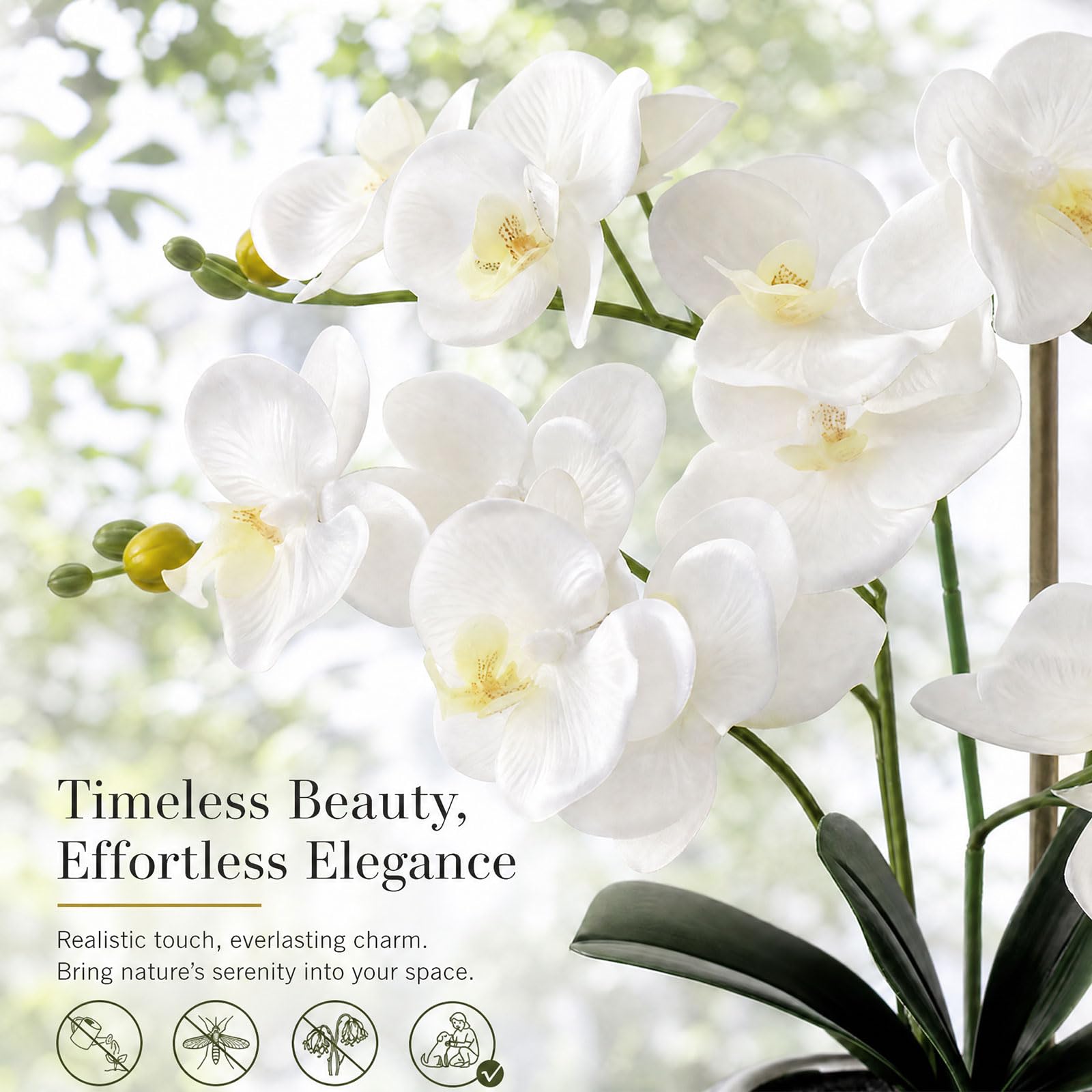 PlusFive Orchidea Finta Realistica Bianca 48 cm, Orchidee Finte, Orchidee Artificiali con vaso, Fiore di Orchidea Artificiale, Pianta Finta da Interno, Regalo Inaugurazione Casa, Soggiorno e Ufficio