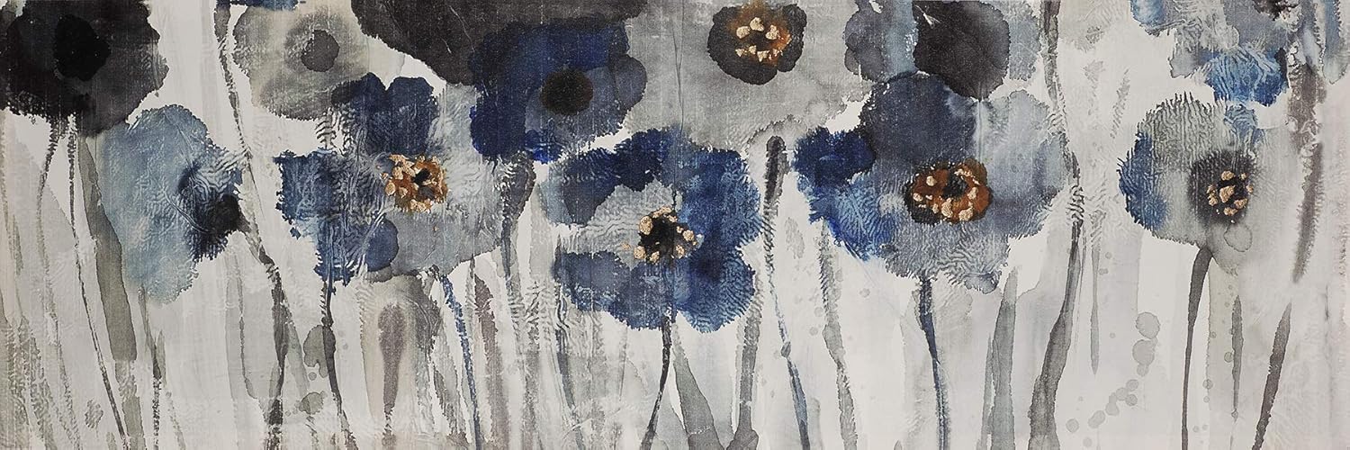 BEGIN DECO MAISON - HOME DECOR Grey and Blue Abstract Flowers Wrapped Canvas, 16x48, Grey & Blue