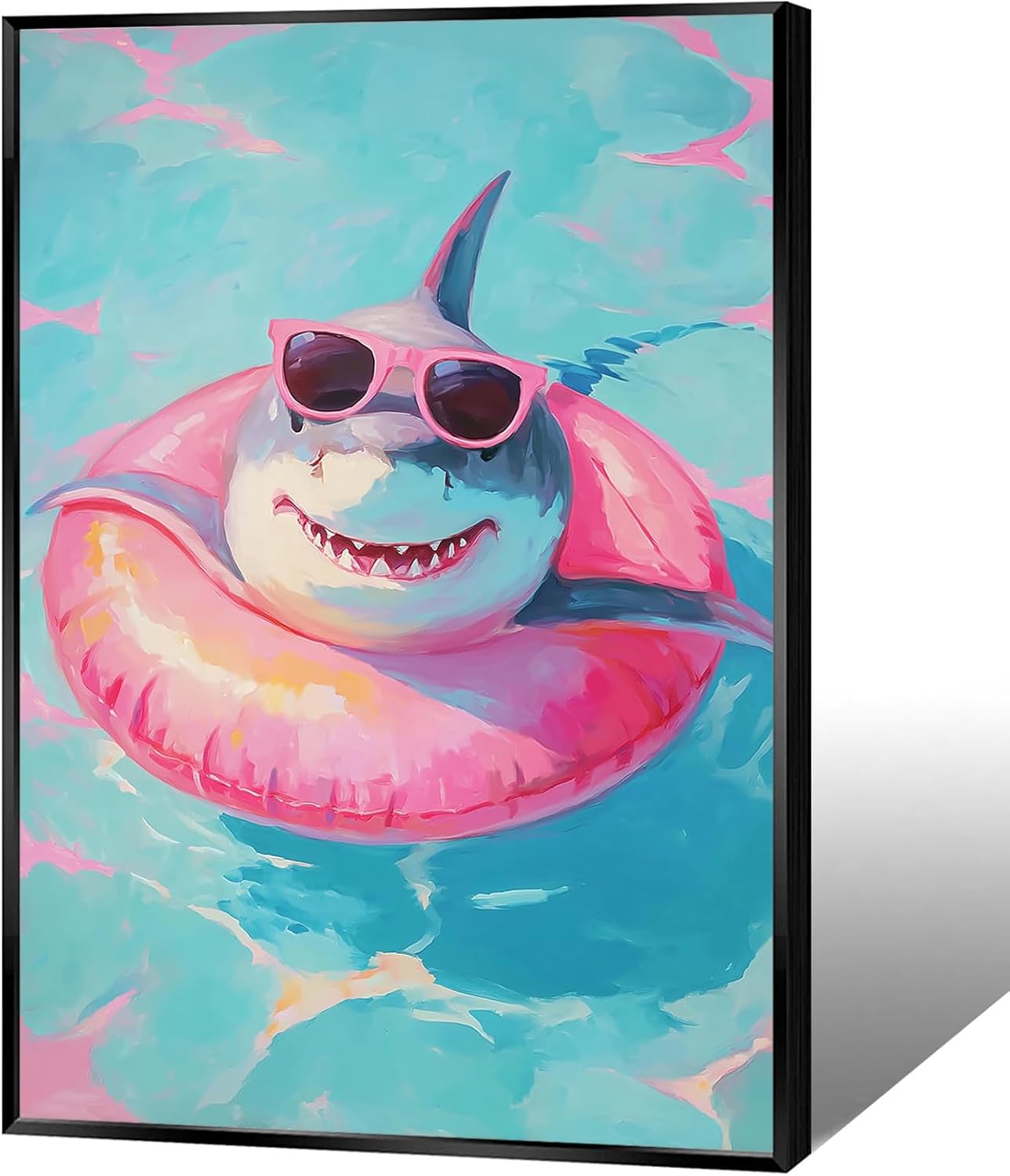 KOEUIRW Cute Shark In The Pool Poster Funny Shark Bathroom Canvas Wall Art Trendy Summer Animal Prints Painting Maximalist Modern Aesthetic Wall Decor For Bathroom Living Room Apartment 16x24in Wrapped Canvas