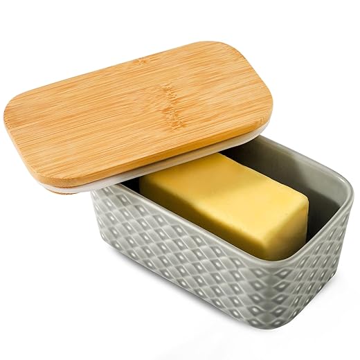 Hasense Ceramic Butter Dish with Bamboo Lid, Large Butter Container for Countertop Airtight Butter Stick Covered Keeper,Grey Embossed Pattern,Easy Clean Dishwasher Safe