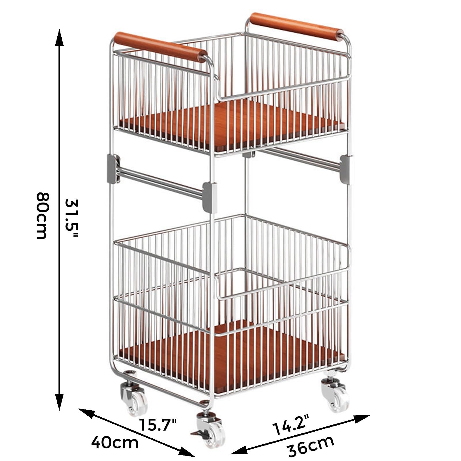 Cesto per biancheria sporca, carrello metallico 2 livelli ruote manici legn | Ruote silenziose, spazio ventilato asciugamani, telaio stabile per bagno, lavanderia e uso domestico