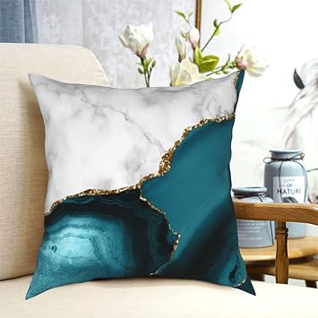 White Marble Teal Agate Decorative Throw Pillow Covers Soft Square Pillowcase Cushion Case for Sofa Couch Bed Chair Home Decorations 18 X 18 Inch