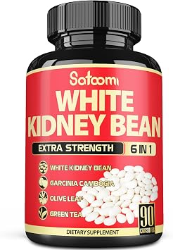 Satoomi 6 in 1 White Kidney Bean Extract Capsules -90 Capsules -3 Month Supply - Extra Blend with Olive Leaf, Green Coffee Bean & Green Tea - Support Carb Scale Down