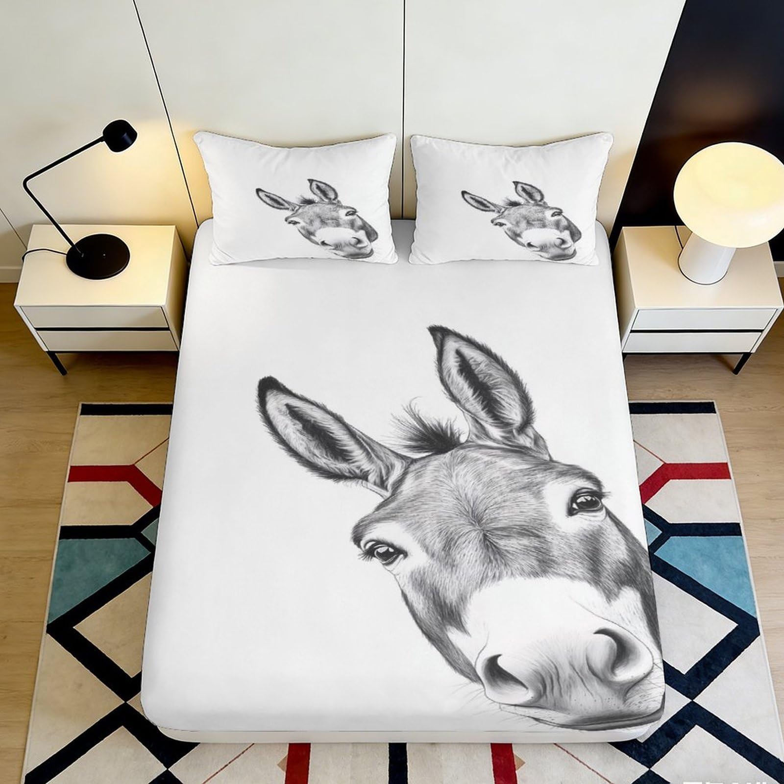 3D Printed Donkey Animal Fitted Sheet Microfiber Soft Breathable Cartoon Farm Mattress Cover for Bedroom Decor Adult Youth 90x200x25cm