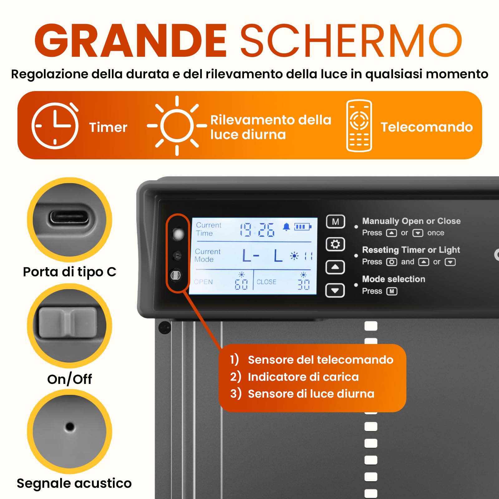 Okkobi Porta Automatica Pollaio Solare - Display LCD - Porta Pollaio con telecomando, Sensore di luce e Timer - Sicurezza e tranquillità: Funzione Antipizzicamento - Protezione di 5 anni