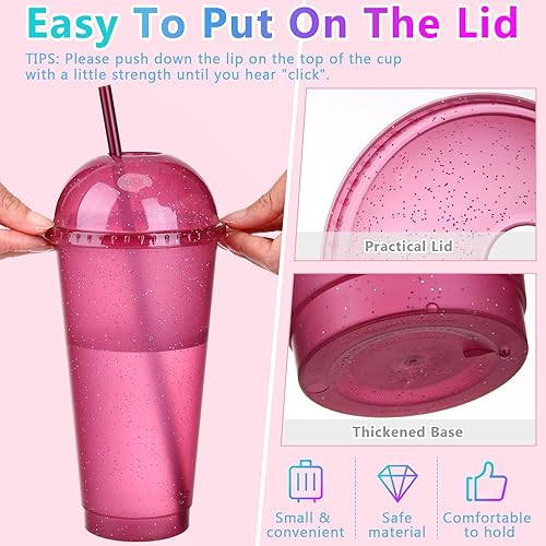 Miniatura 2 de Hsei Vasos reutilizables con purpurina con tapas de cúpula y pajitas, vaso de plástico de 24 onzas, taza de café helado, taza para viajes,