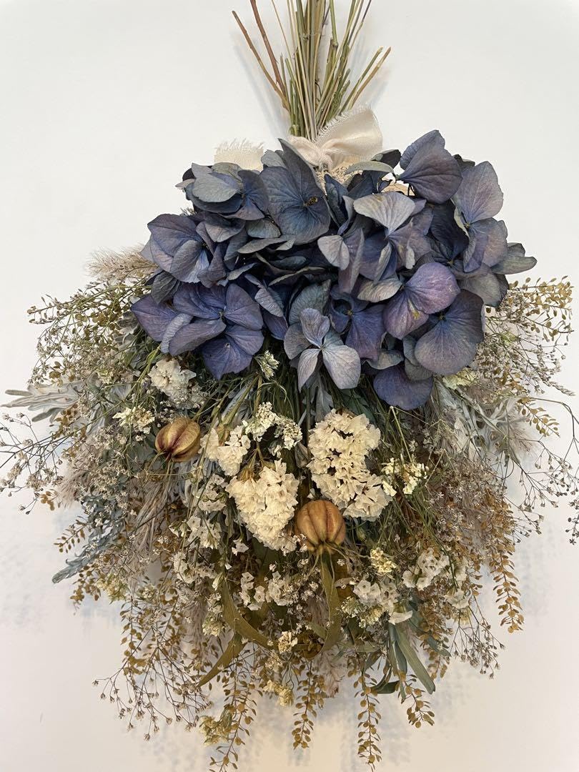 Amazon | ドライフラワースワッグ 秋色紫陽花と白い小花 | ノー  