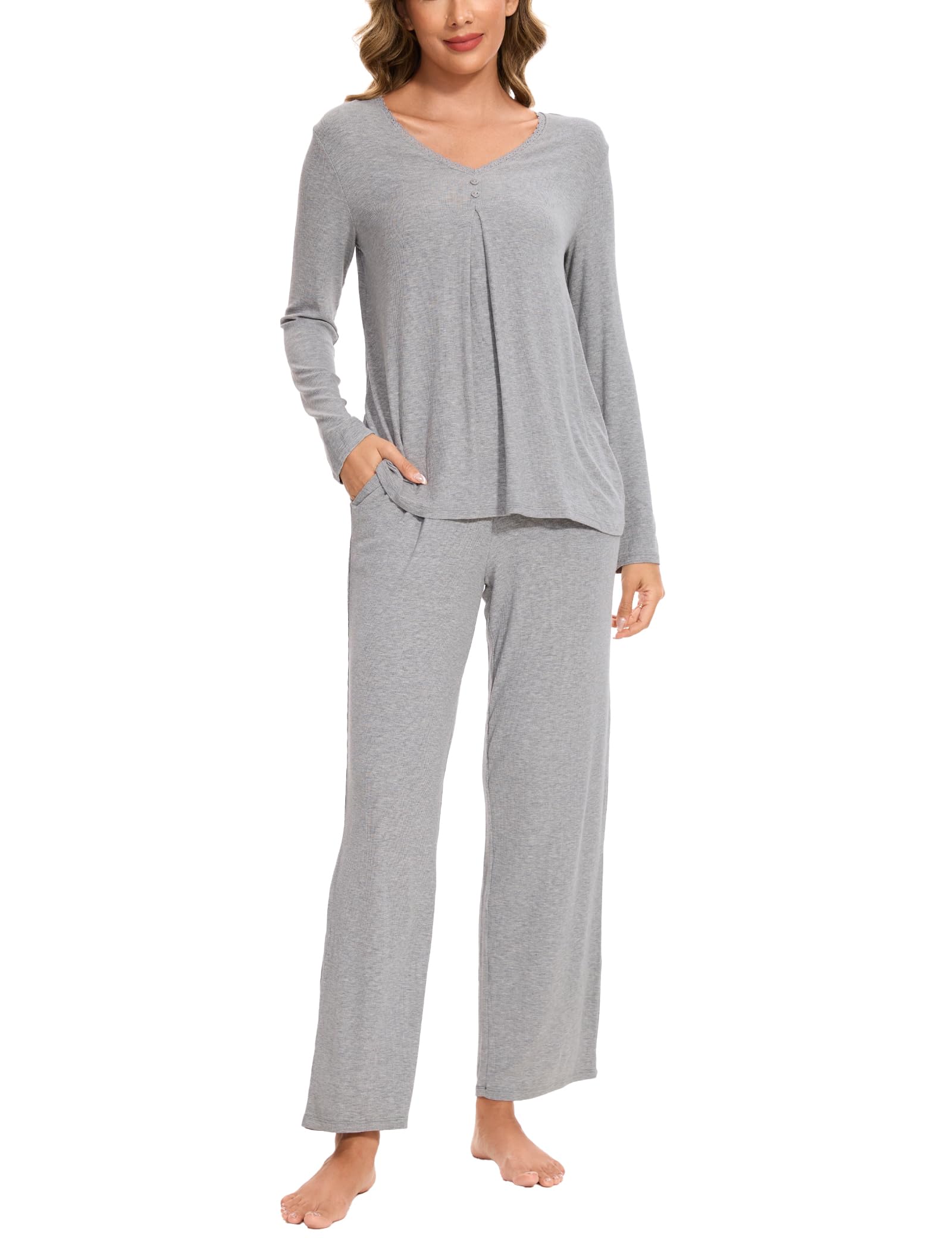 GYS Womens Pajama Sets Viscose from Bamboo Long Sleeve Pleated Tops and Lounge Pants with Pockets Soft Knit Sleepwear Pjs