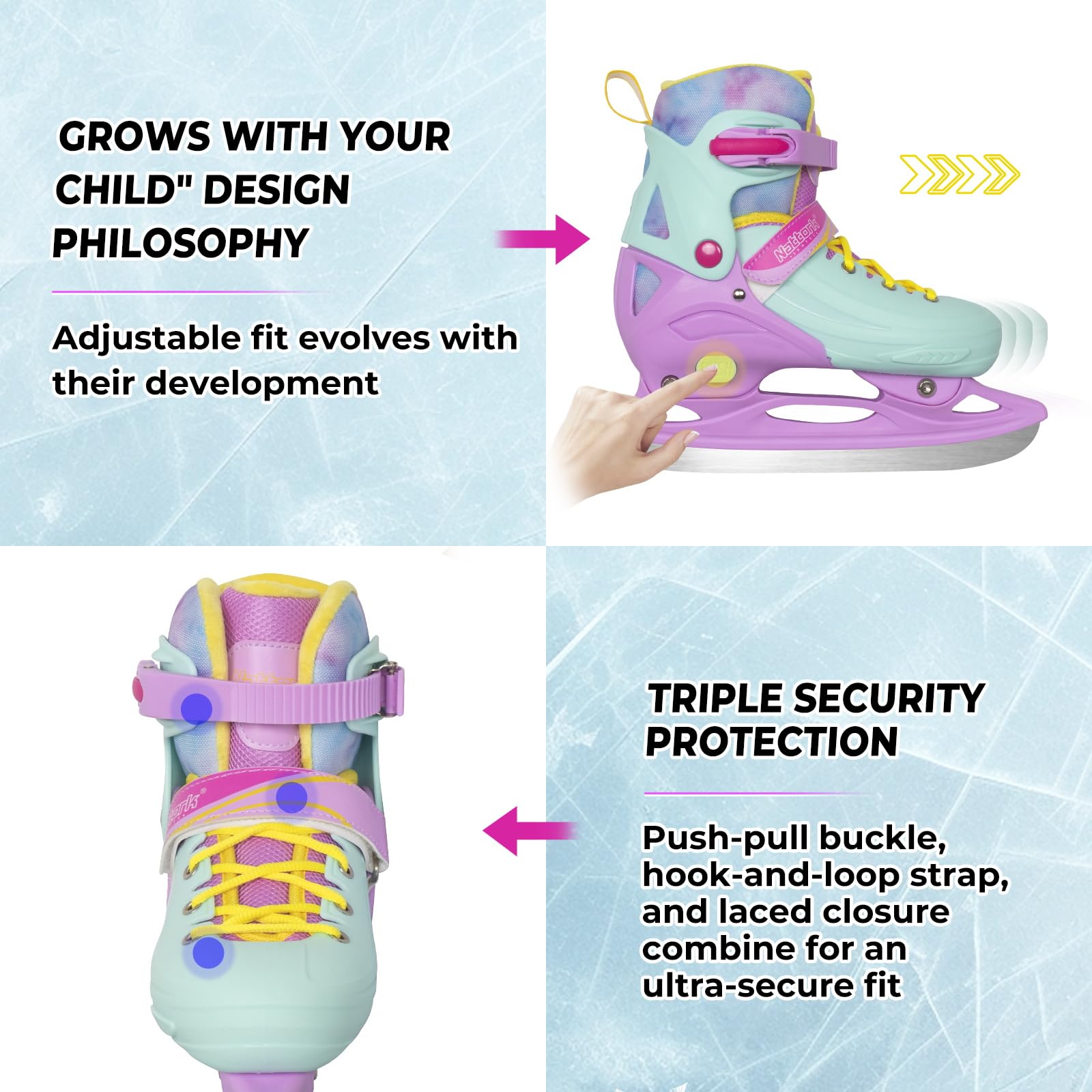 Nattork Patines de Hielo de 4 tamaños Ajustables para niños y niñas, Divertidos para Principiantes, Patinaje sobre Hielo para Exteriores, protección Dura Suave y cómoda para niños