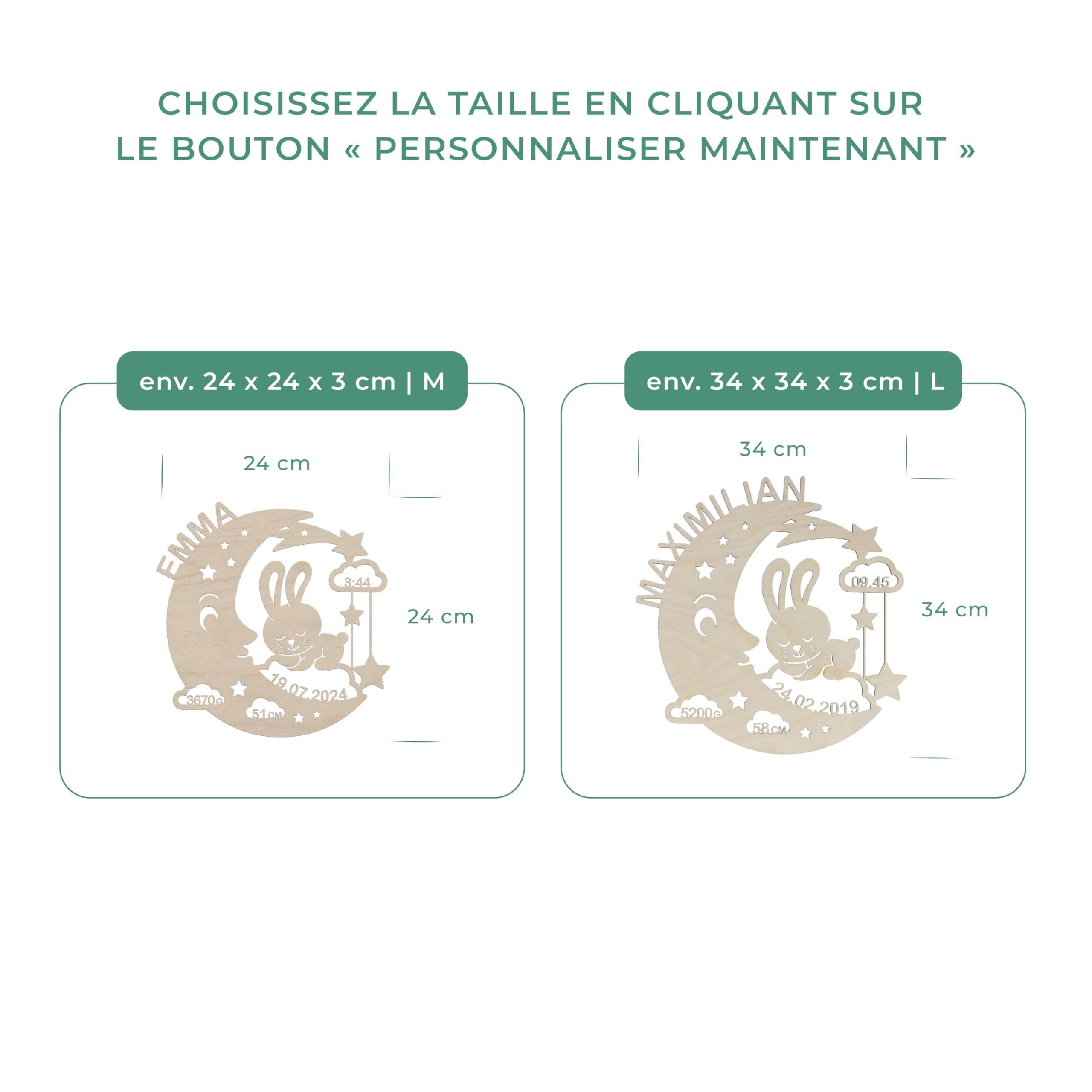 LAUBLUST Veilleuse pour bébés - Cadeau de naissance et de baptême personnalisé pour fille et garçon - Lapin de Lune | Naturel - Éclairage LED et lumière apaisante pour chambre d'enfant | 2 Tailles