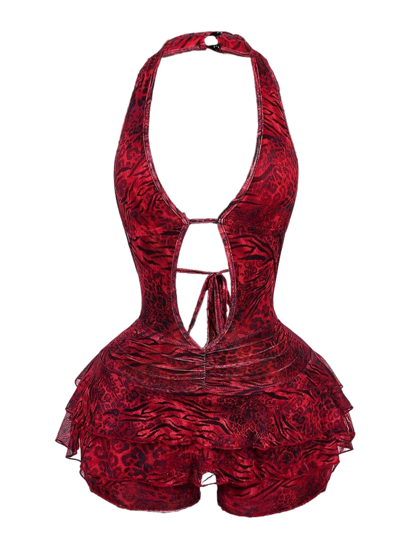 Photo 1 of Verdusa Women's Y2K Leopard Print Halter Romper Backless Sleeveless Layered Ruffle One Piece Outfit Red Large
