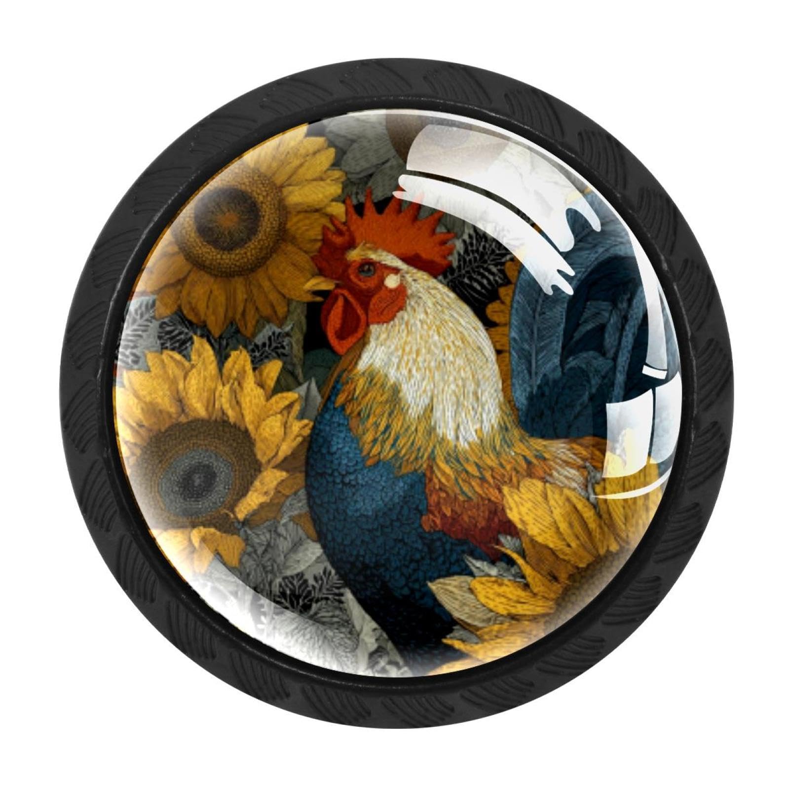 CHENZZZZ 4PCS Rooster Sunflowers (6) Dresser Knob Round Glass Drawer Knobs Pulls Cabinet Handle for Home Kitchen Office Bathroom Wardrobe Cupboard