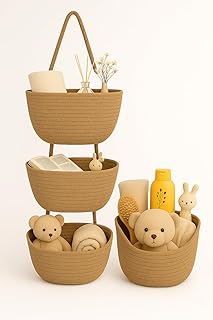 Japanese Handmade Cotton Rope Hanging Basket Organizer – 3 Tier Wall b...