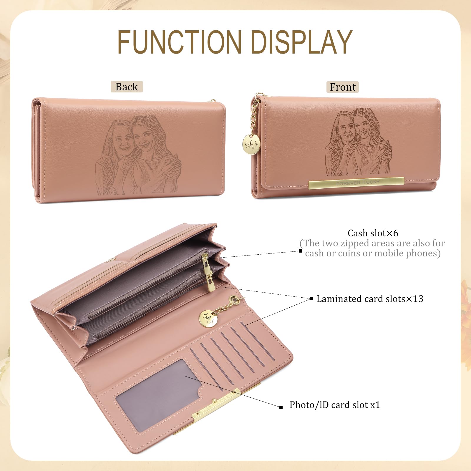 Personnalisé Portefeuille Femme Grand Format Photo et Nom Portefeuille avec Pochette de Monnaie Porte-Cartes Cadeau pour Femme Anniversaire Noël (Rose)