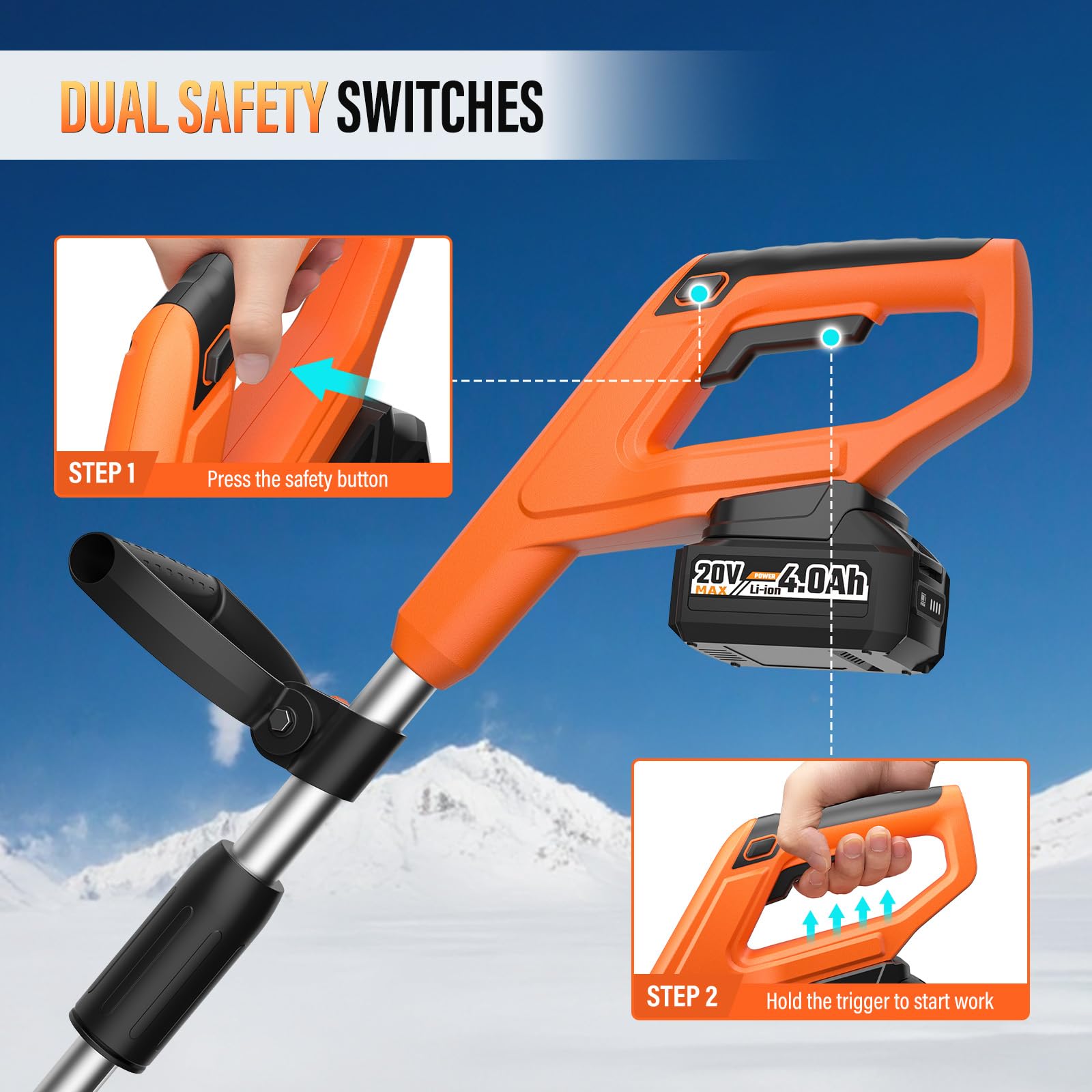 Souffleuse à neige sans fil avec 2 batteries de 4,0 Ah et chargeur, pelle à neige sans fil 20 V, déneigement alimenté par batterie de 30,5 cm avec distance de projection de 4,9 m pour patio, terrasse