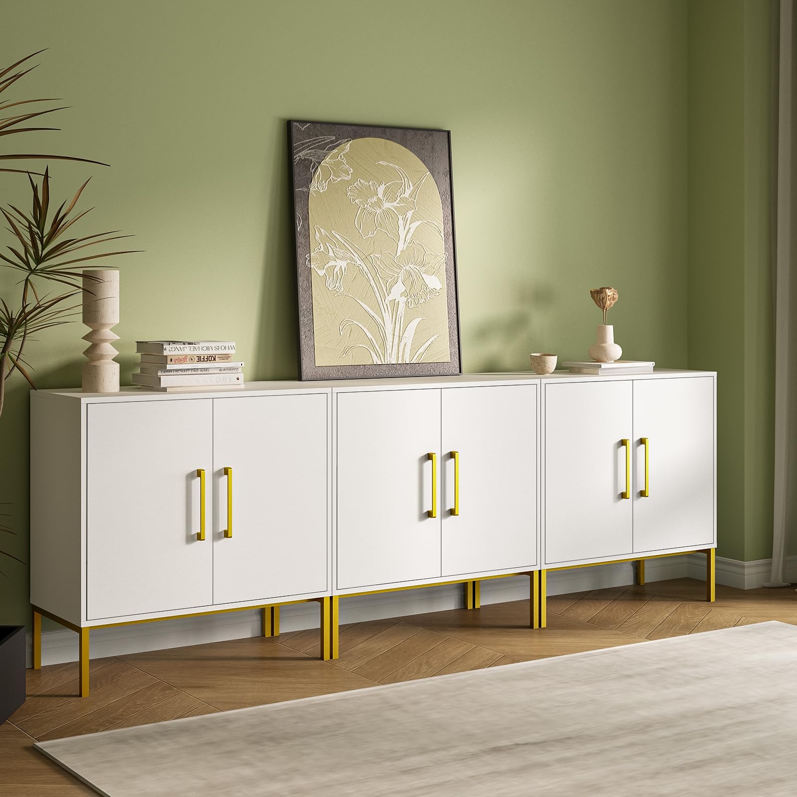 JOZZBY Set of 3 Storage Cabinet, Sideboard Buffet Storage, Modern Living Room Cabinet, White Side Cabinets for Bedroom, Kitchen, and Hallway