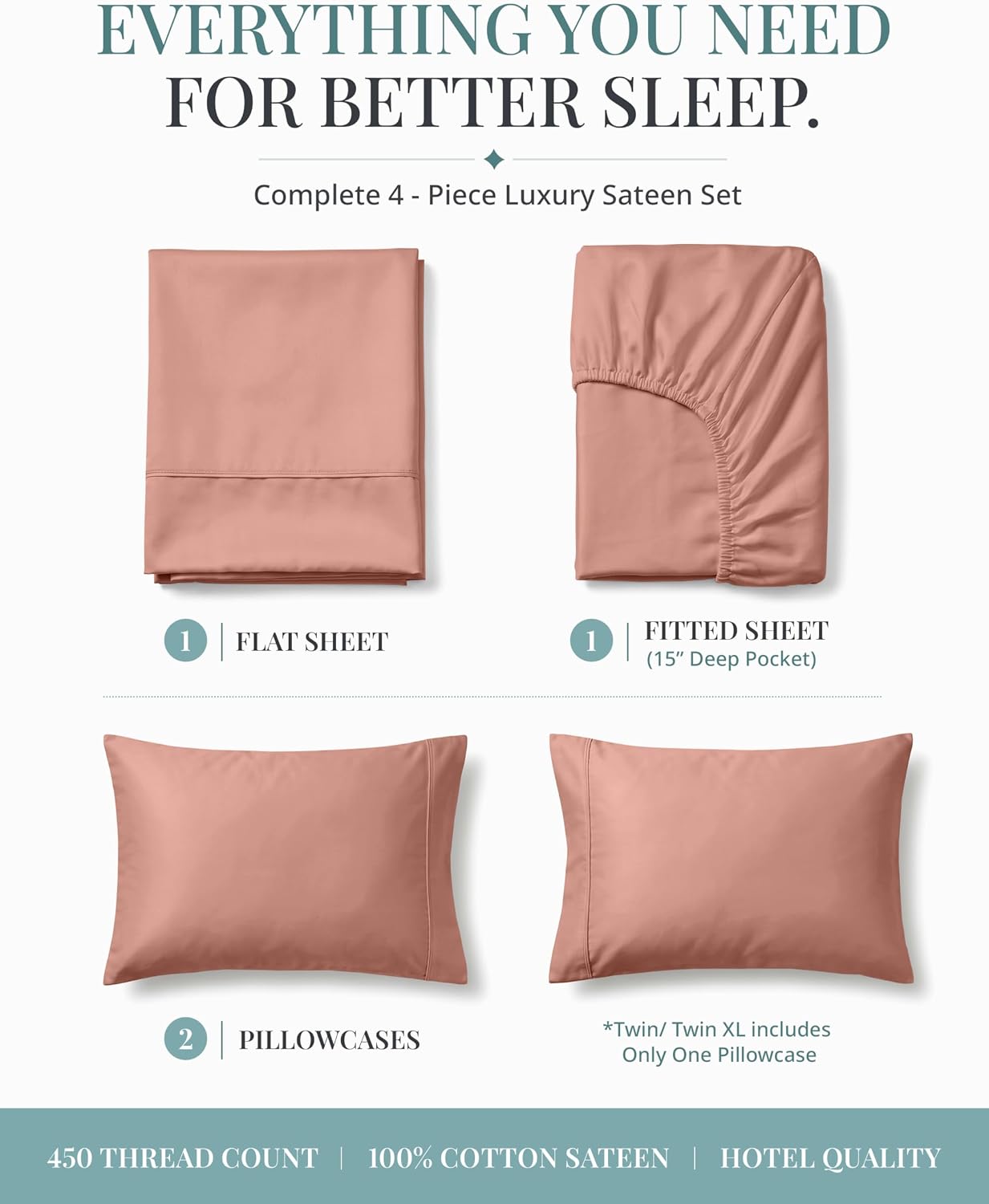  Twin Bed Sheets Single Bed - 450TC 100% Cotton Sateen, Rose Dawn | Soft, Breathable & Cooling Twin Sheet & Pillowcase Sets - Silky, 15 Inch Deep Pocket, OEKO-TEX Certified, Hotel Luxury thumbnail