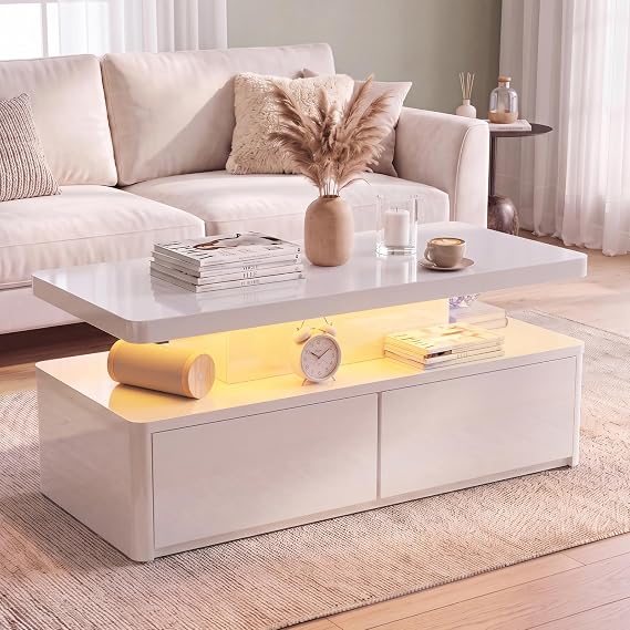 MXV 40 LED Coffee Table, Modern High Gloss Living Room Table with 60,000 Rich Colors & 47 Lighting Modes, 2 Large Drawers & Open Storage Shelf, Smart Remote Control Center Table, White