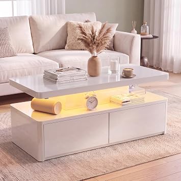 MXV 40 LED Coffee Table, Modern High Gloss Living Room Table with 60,000 Rich Colors & 47 Lighting Modes, 2 Large Drawers & Open Storage Shelf, Smart Remote Control Center Table, White