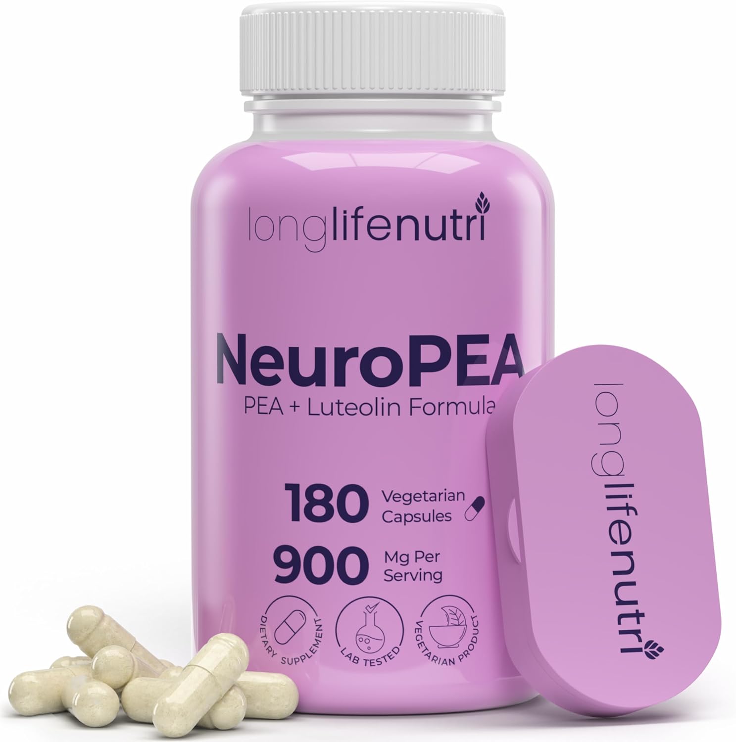 LongLifeNutri NeuroPEA (Palmitoylethanolamide + Luteolin 800mg/100mg) – Organic Supplement for Nerve Performance, 180 Vegetarian Capsules, 3-Month Supply, GMP Certified, USA Made