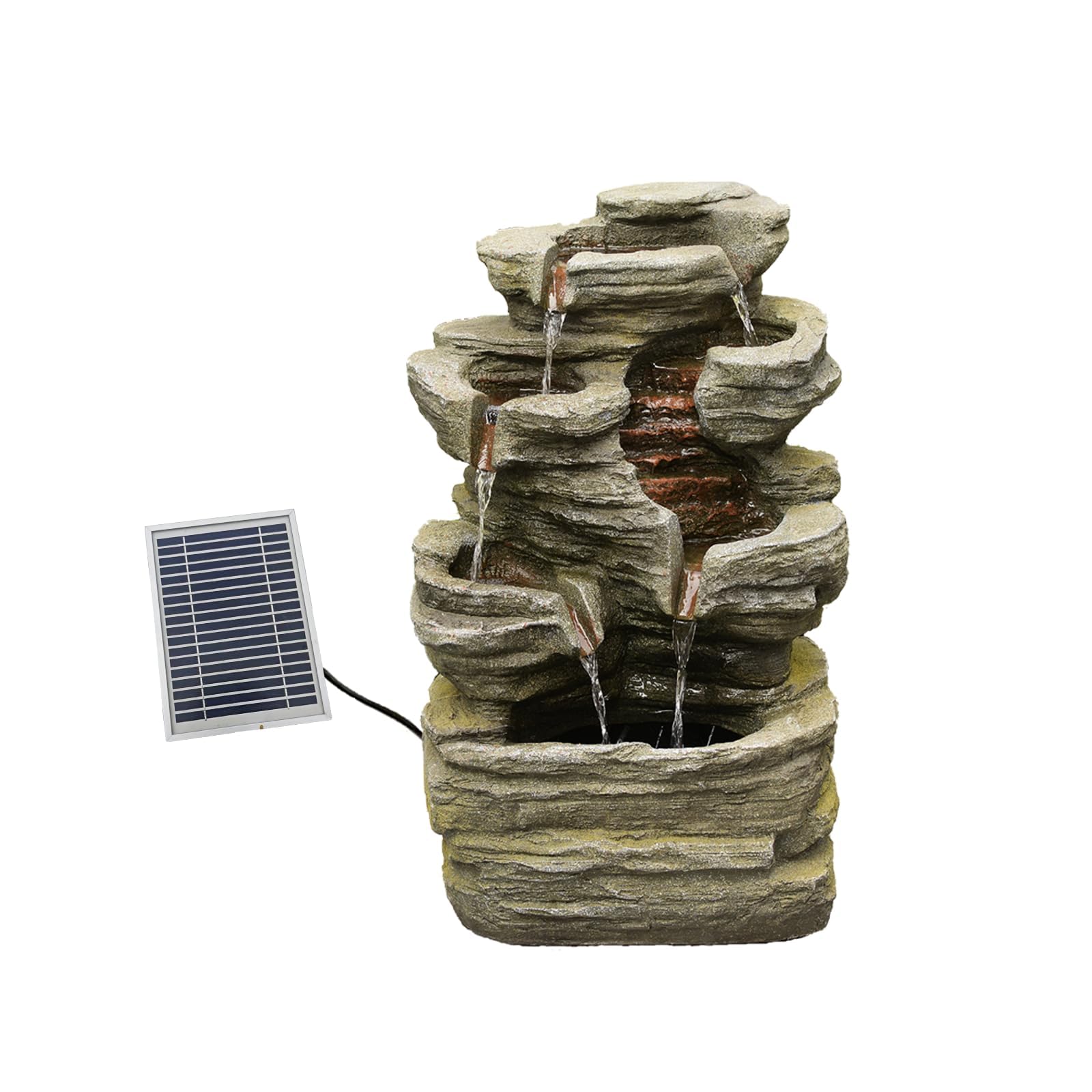 Bumilgar Solargetriebener 6-stufiger Kaskadenbrunnen mit LED-Beleuchtung, inkl. Pumpe & Solarpanel | 62 cm hoch, Steingrau für Terrasse, Balkon, Vorgarten | Natursteinoptik-Wasserfall, Außendeko