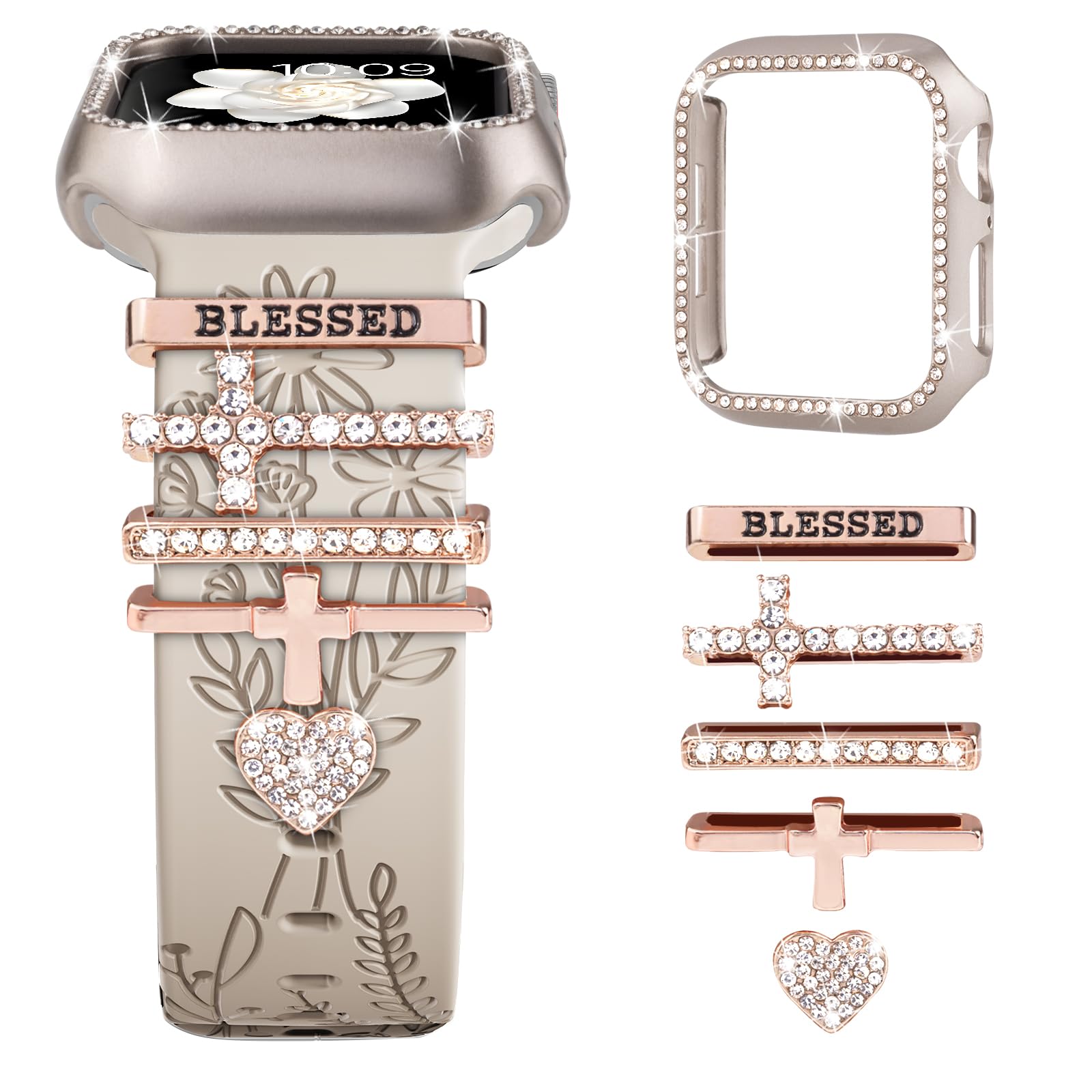 Correa grabada + dijes + funda para Apple Watch Band de 38 mm, 40 mm, 41 mm, 42 mm, 44 mm, 45 mm, para mujer, correas deportivas de silicona suave con diseño de flores con parachoques protector con