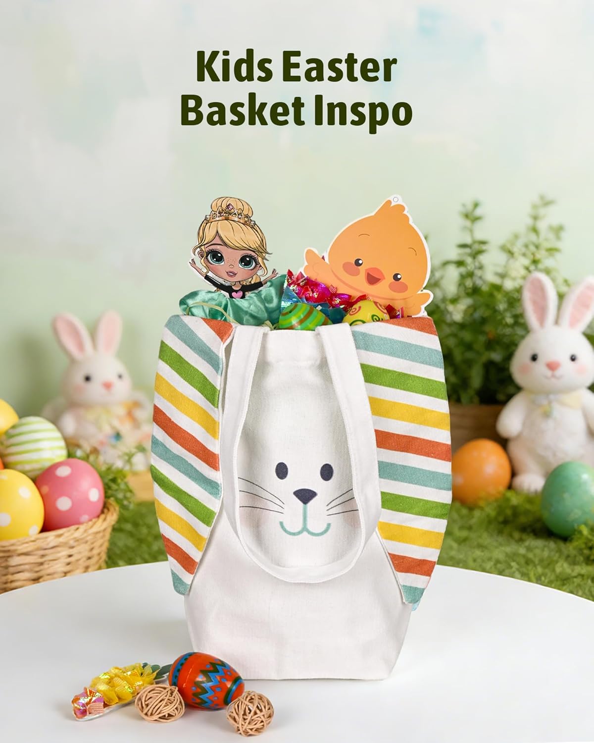 ATFUNSHOP Easter Tote Bag with Bunny Ears 11.8" - Reusable Canvas Rabbit Bag | Boy & Girl Easter Baskets for Egg Hunts, Gifts & Spring Fun | Natural Material, Bunny Design, 11.8"X9.8" - Image 3