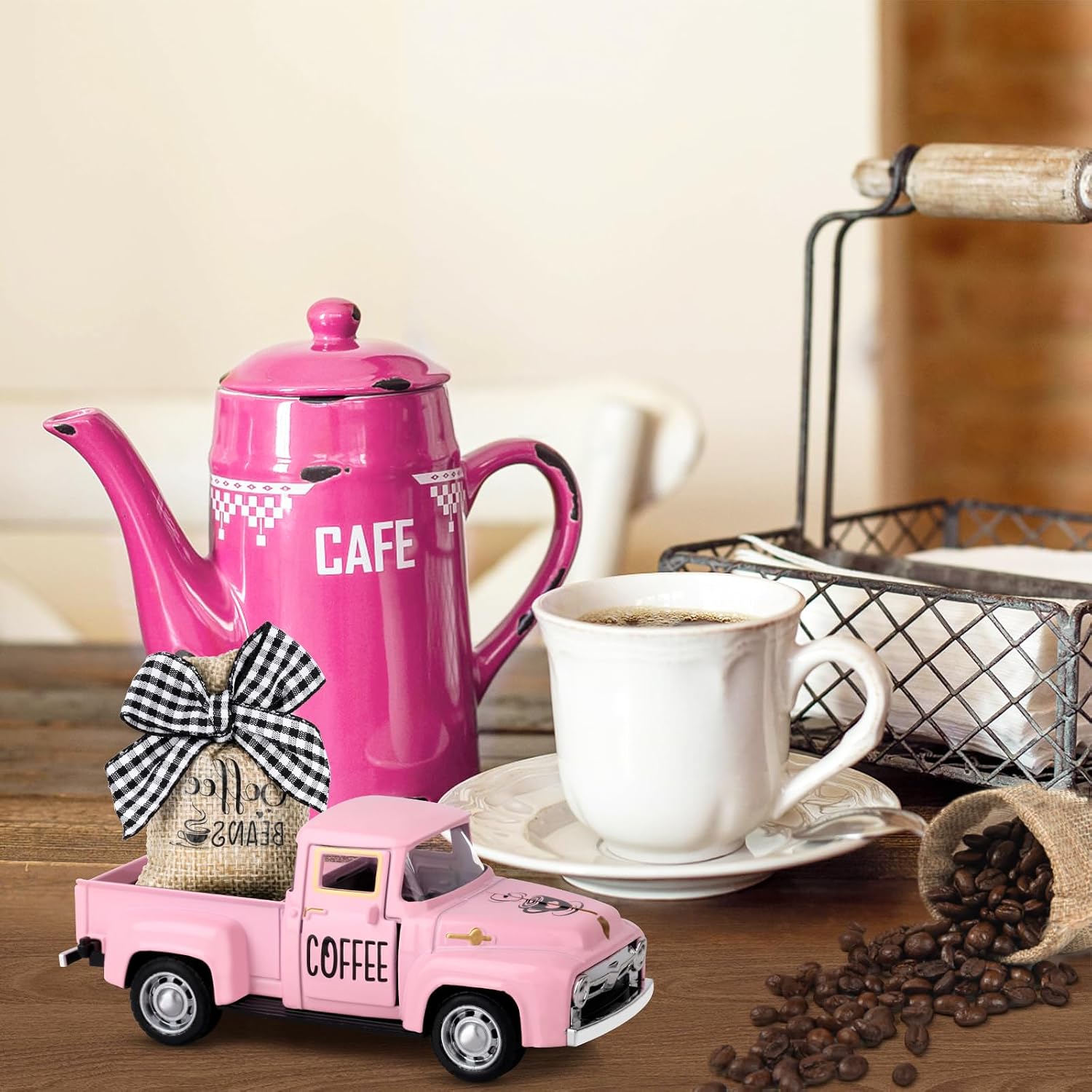 Hooqict Coffee Bar Decor Mini Metal Pink Truck with Coffee Beans Burlap Sack for Pink Home Farmhouse Kitchen Tiered Tray Decor Coffee Bar Accessories Coffee Station Vintage Pickup Valentines Day