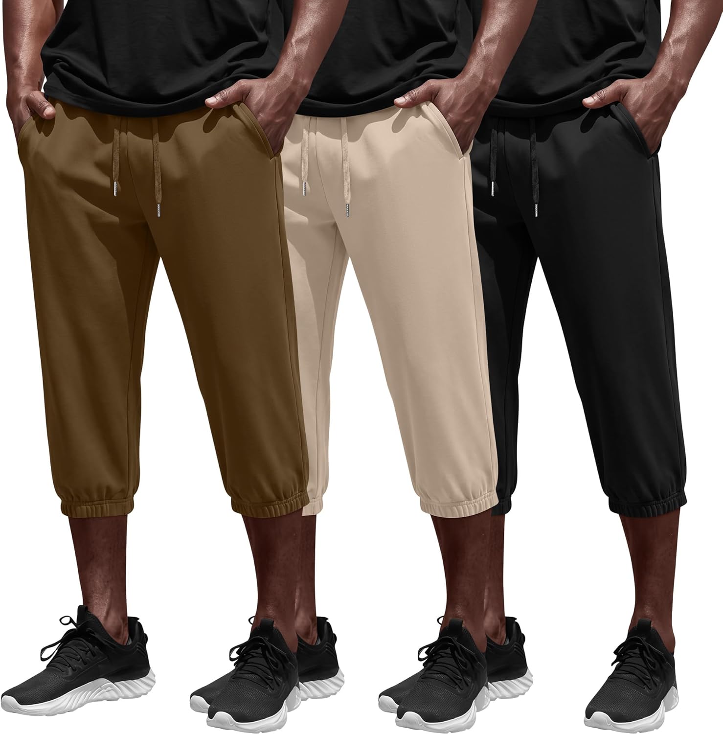 3 Pack Mens Capri Pants 3/4 Joggers Athletic Workout Sweatpants Casual Below Knee Drawstring Shorts with Pockets