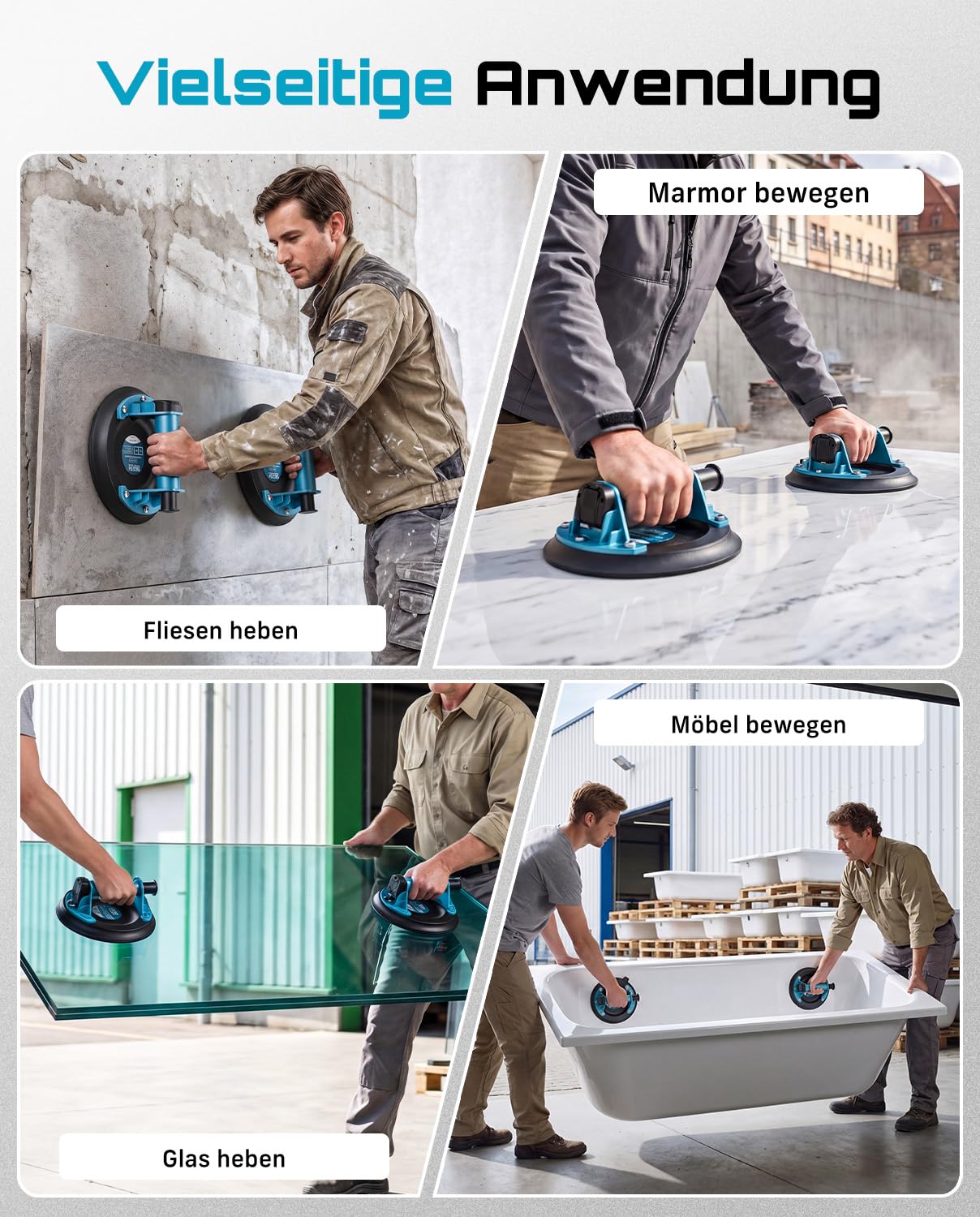 SEESII Vakuum Saugheber Fliesen, 2er-Set 8" Glassauger Tragkraft Max.200KG, Fliesenheber für Glas, Marmor, Laminat & Terrassenplatten, Vakuumheber Glasheber mit Tragbarer Werkzeugkasten